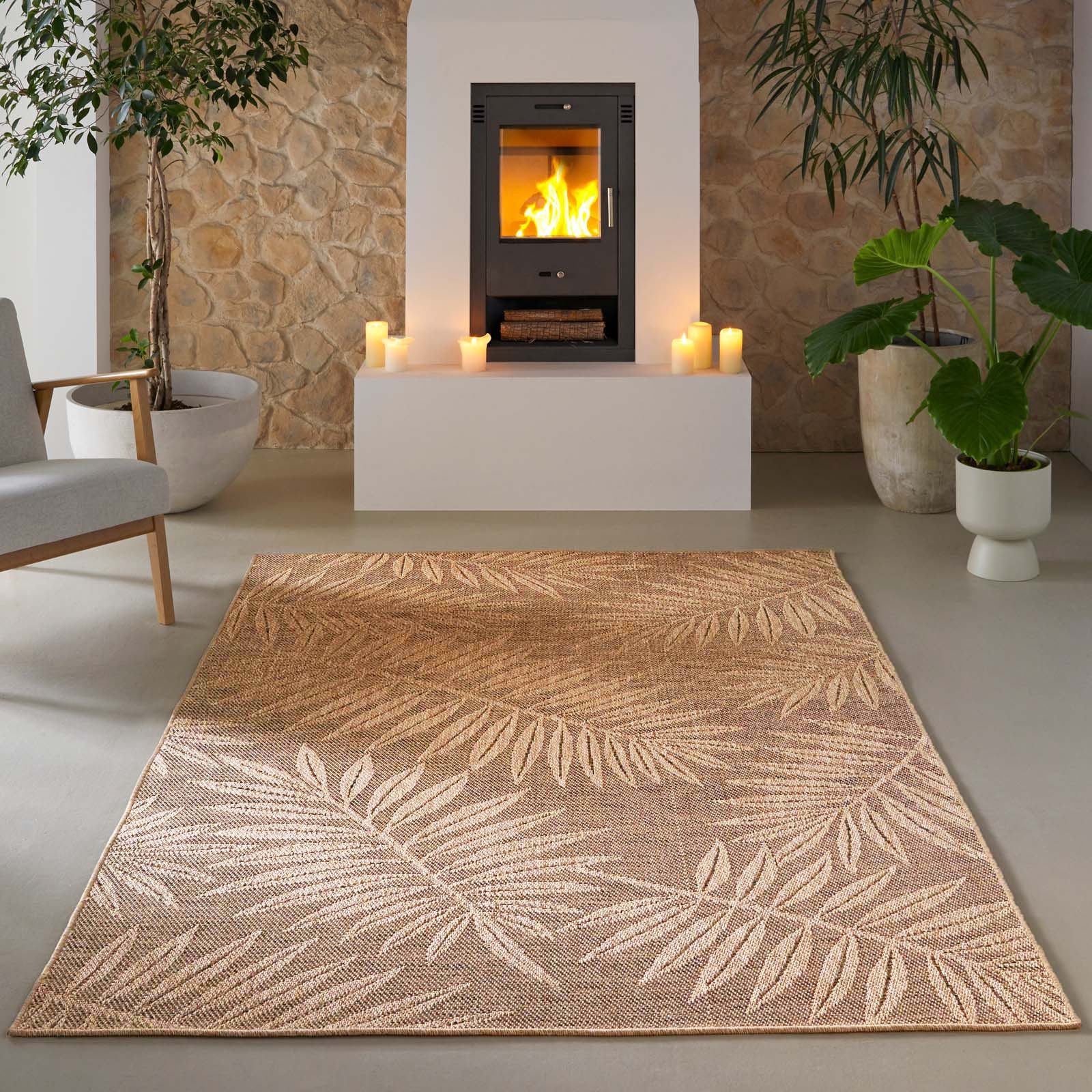 TaraCarpet Teppich TaraCarpet Borneo Palme Outdoor Teppich – Wetterfester Indoor & Outdoo, rechteckig, Höhe: 6 mm, Küche Wohnzimmer Terrasse Garten Balkon beige 80x150