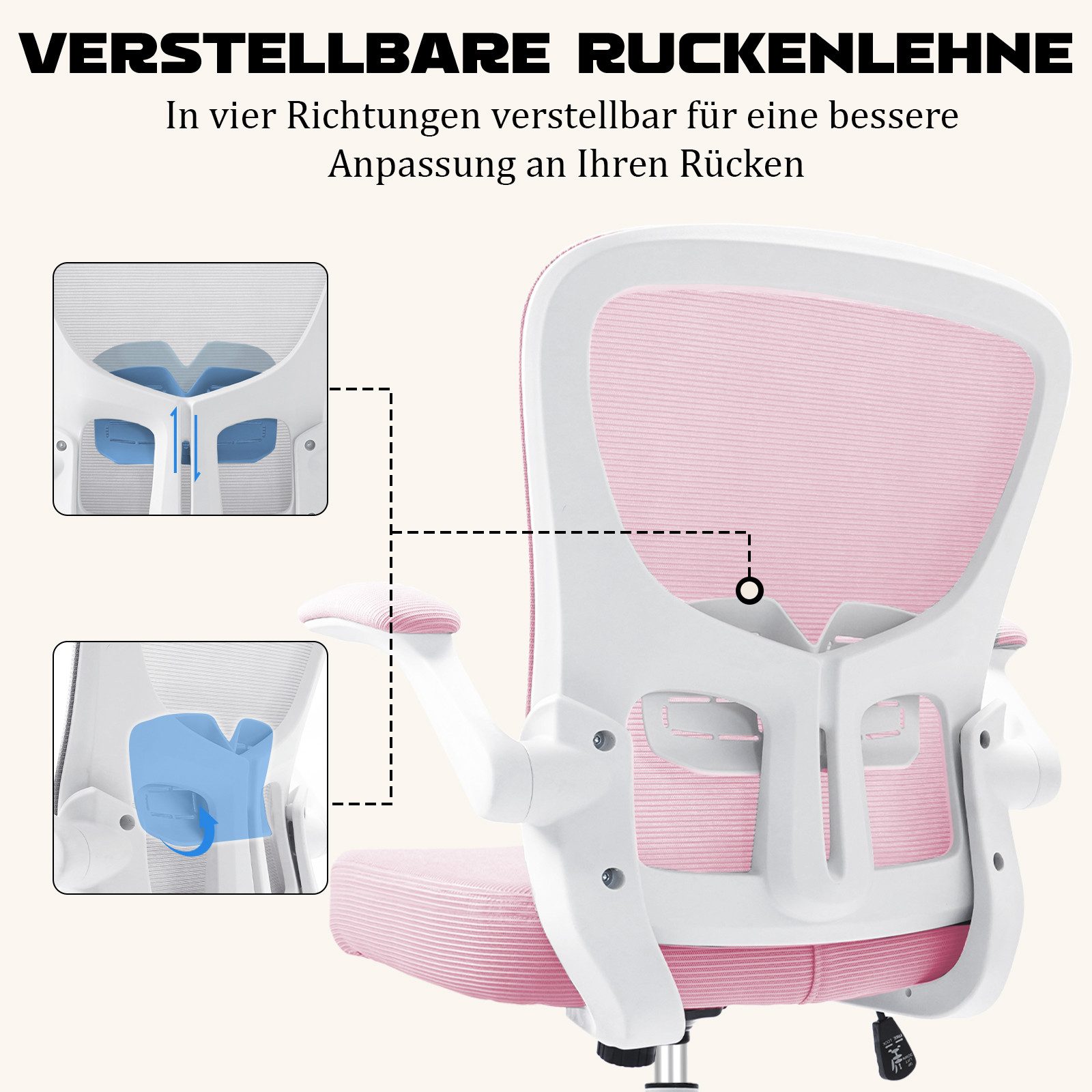 Durrafy Bürostuhl Ergonomischer Bürostuhl,Schreibtischstuhl mit klappbaren Armlehnen (Höhenverstellbarer Drehstuhl mit Wippfunktion bis 130°,Computerstuhl mit verstellbarer Lendenwirbelstütze und leisen Rollen), Chefsessel mit 150 kg Tragfähigkeit