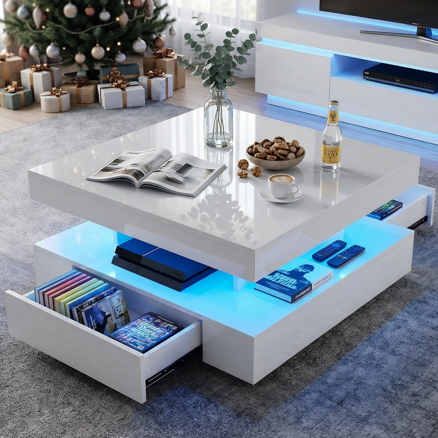 oyajia Couchtisch Wohnzimmertisch Hochglanz mit LED Beleuchtung & Fernsteuerung (Bluetooth-Fernbedienung.App-Steuerung, offenen Fächern,stabil, pflegeleicht, Hochglanz-Design, 1-St., 78 x 78 x 42cm Beistelltisch), mit 2 Schubladen,Farbwechsel-LEDs