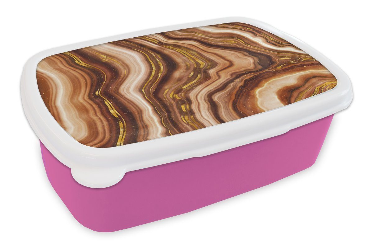 MuchoWow Lunchbox Marmor - Beige - Gold, Kunststoff, (2-tlg), Brotbox für Erwachsene, Brotdose Kinder, Snackbox, Mädchen, Kunststoff rosa