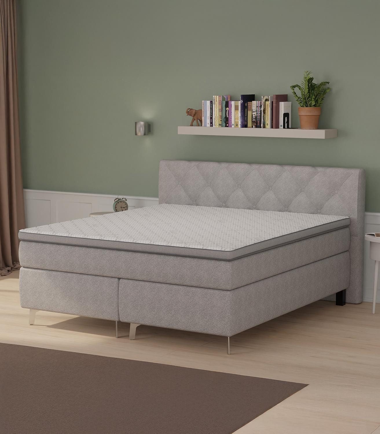 Sun Garden Boxspringbett BX2460, Silbergrau, Stoffbezug, Viskoschaumtopper, H2/H3 TFK-Matratzen, B 190 x H 110 x T 216 cm