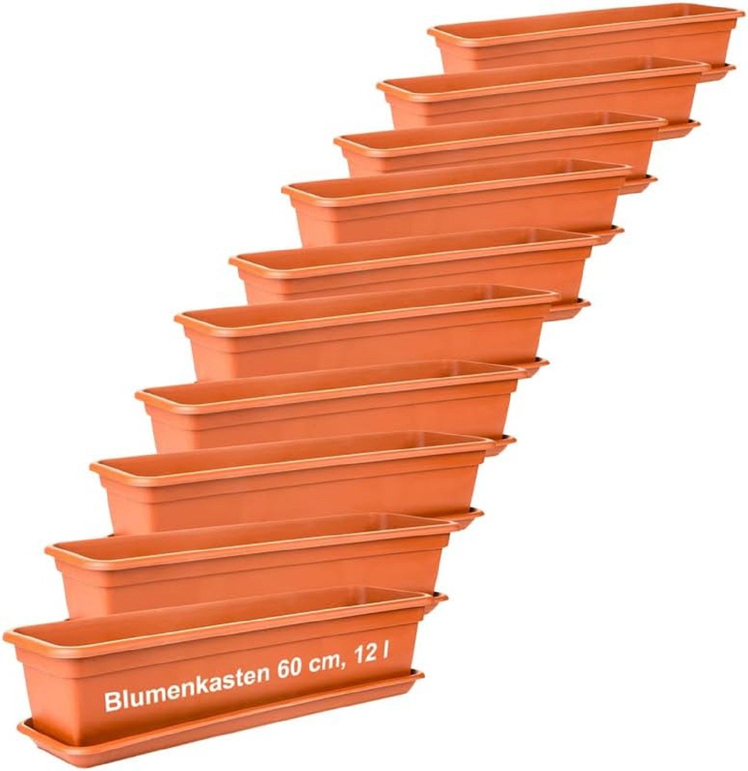 2friends Blumenkasten 10er Set, Balkonkästen mit Untersetzer aus Kunststoff (60T x 17B x 14H cm), Balkon Blumenkasten Terracotta