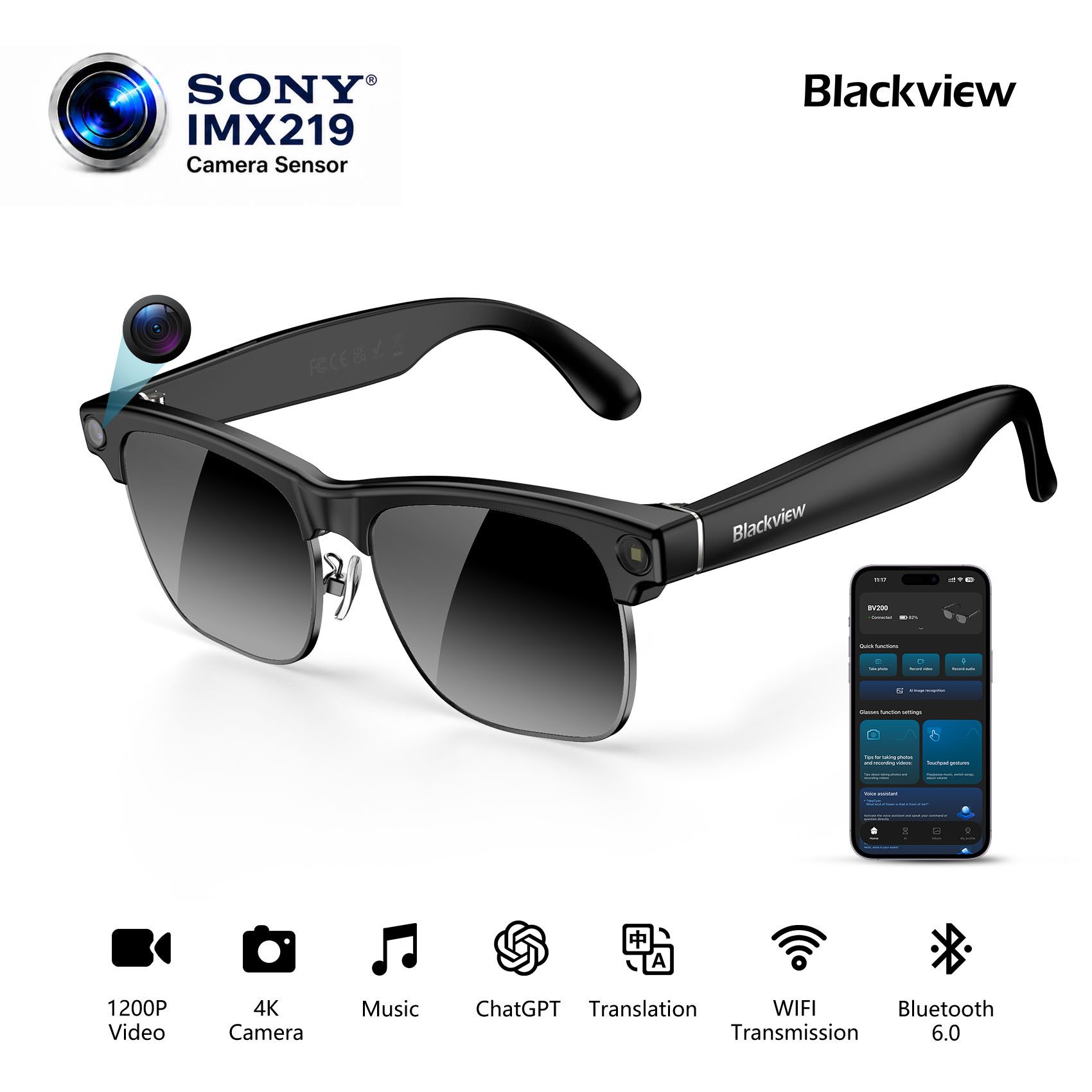 blackview Sonnenbrille 2026 Neue BV200 AI Shooting Glasses,Premium KI-Kamera-Brille (Set, ChatGPT, Bluetooth 6.0 und Open-Ear HiFi Sound) Mit Sony IMX219 Sensor,Fotografieren, filmen, kommunizieren,übersetzen