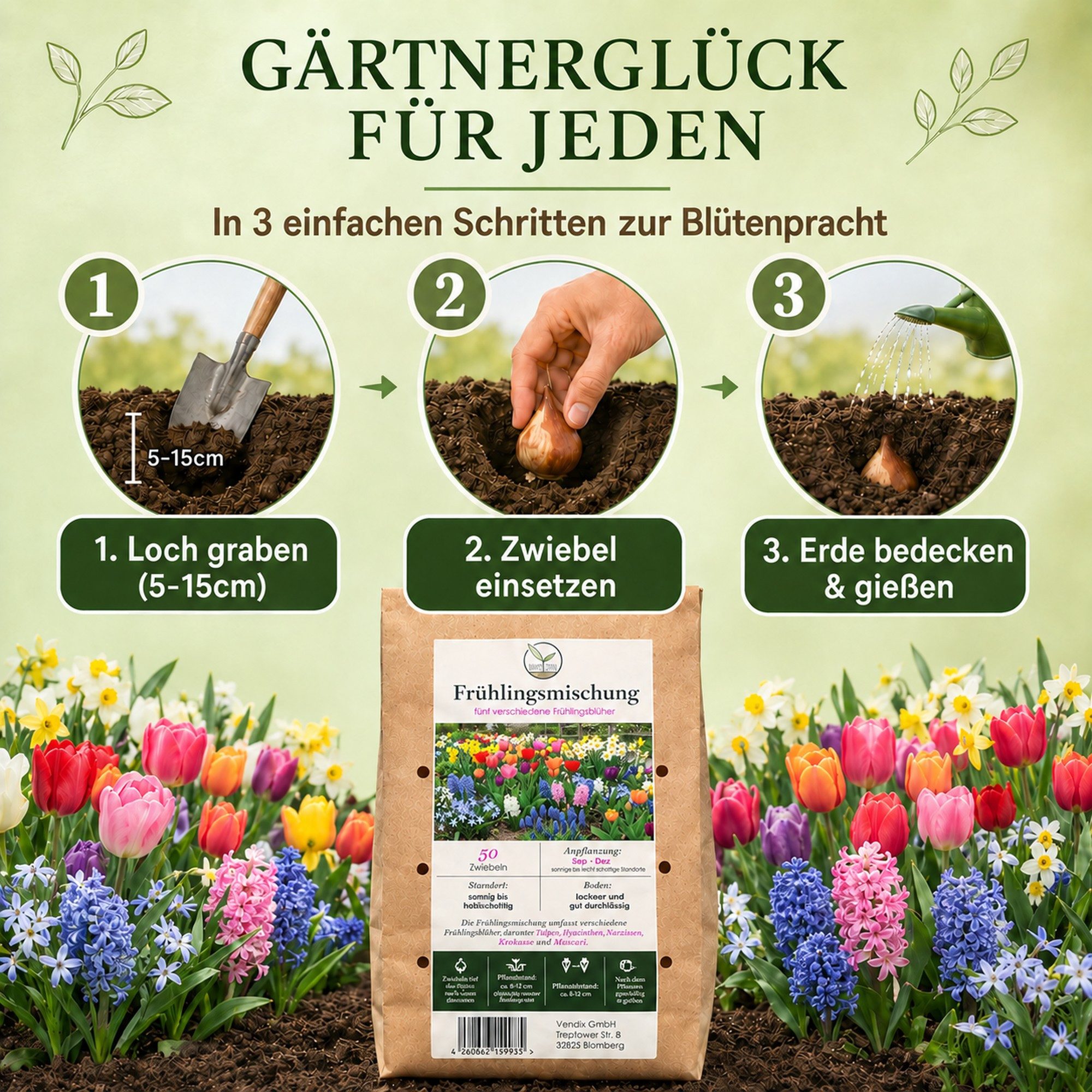 HappySeed Blumenzwiebeln 50 Stk, Tulpen & Frühlingsblüher, verschiedene Sorten, (Frühlingsmischung, 50-St), Frühlingsmischung – Bild 3 von 5