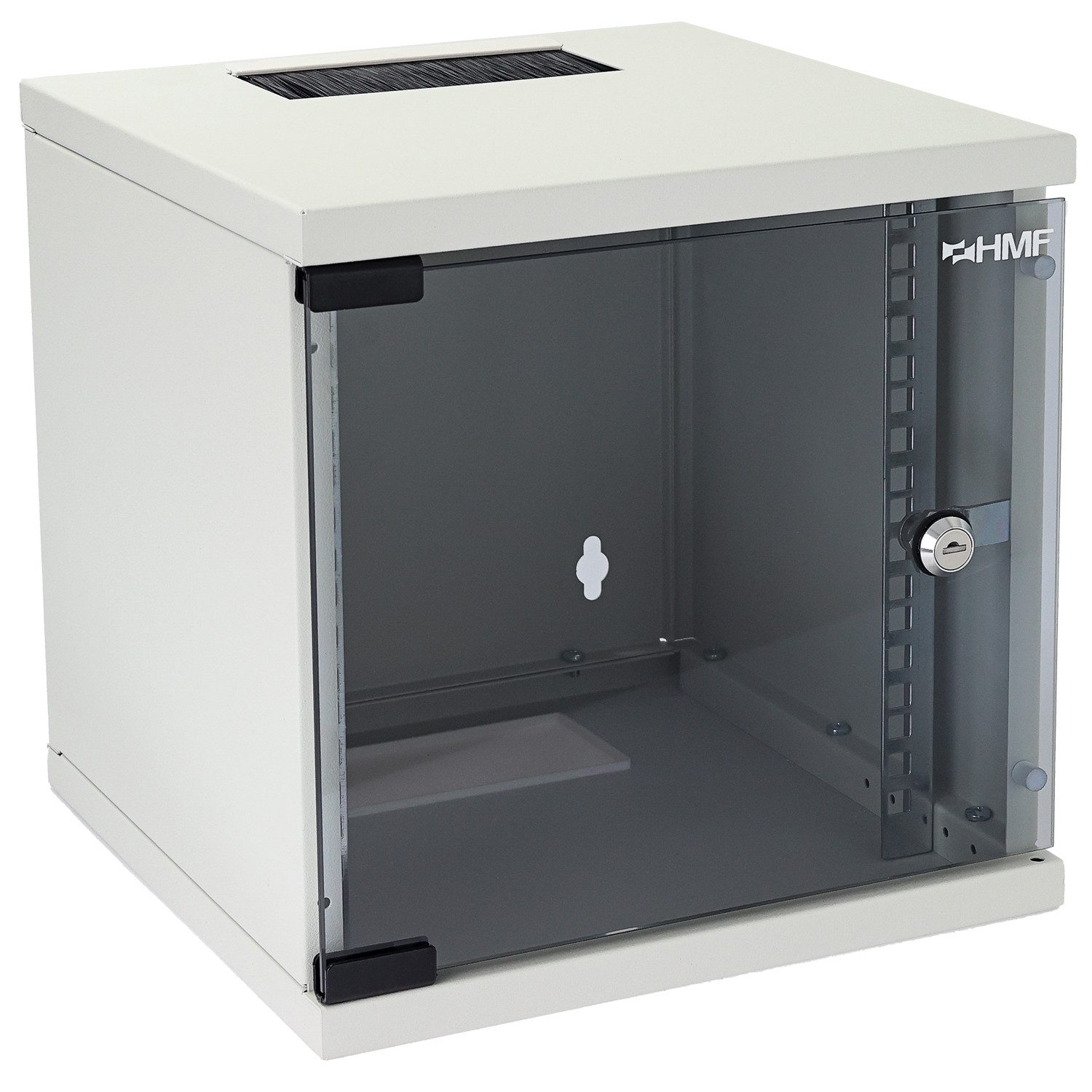 HMF Serverschrank Netzwerkschrank, Serverschrank 10 Zoll, 6 HE, 300 mm Tiefe, Voll montiert, Glastür, Lichtgrau