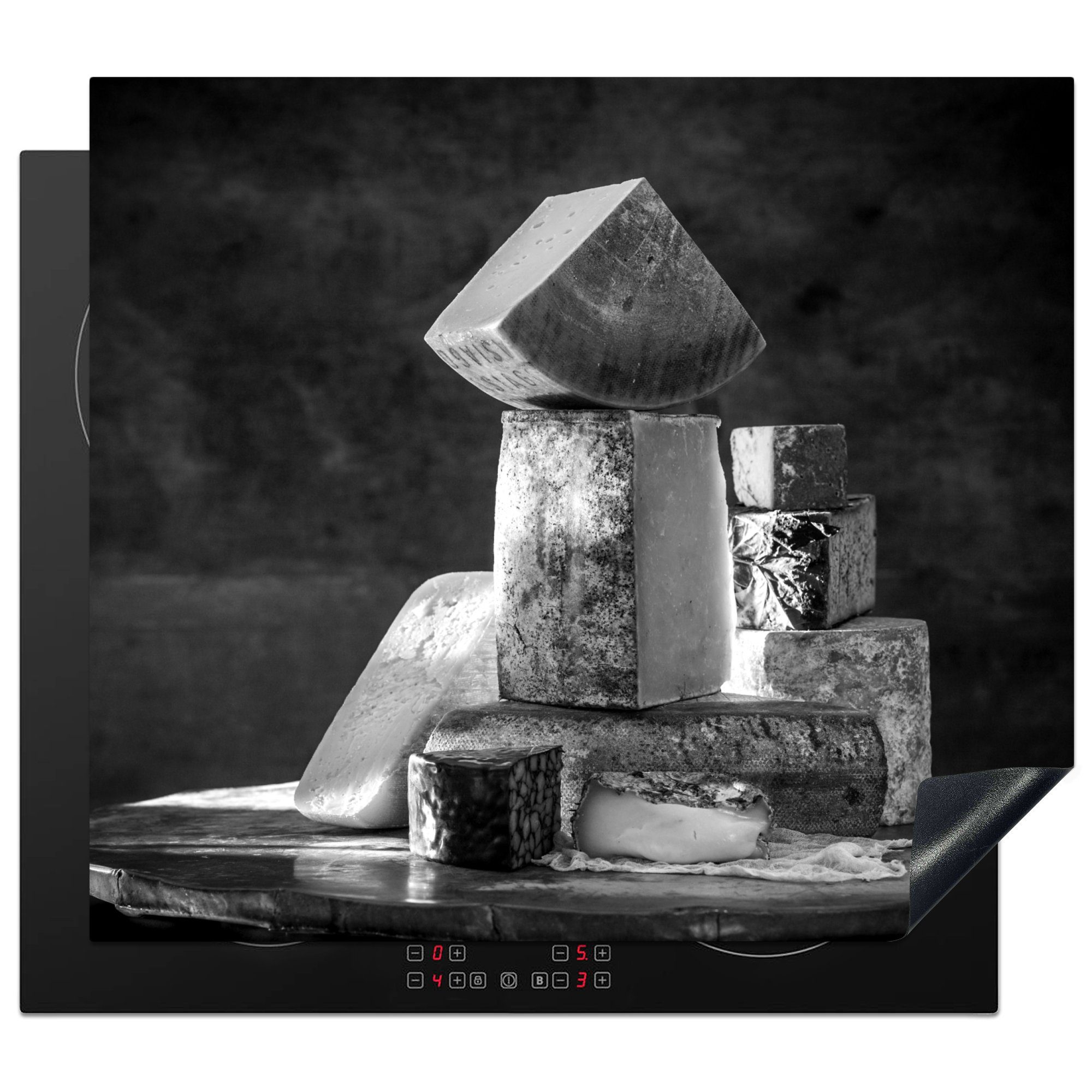 MuchoWow Herdblende-/Abdeckplatte Käsestapel - schwarz und weiß, Vinyl, (1 tlg), 60x52 cm, Mobile Arbeitsfläche nutzbar, Ceranfeldabdeckung