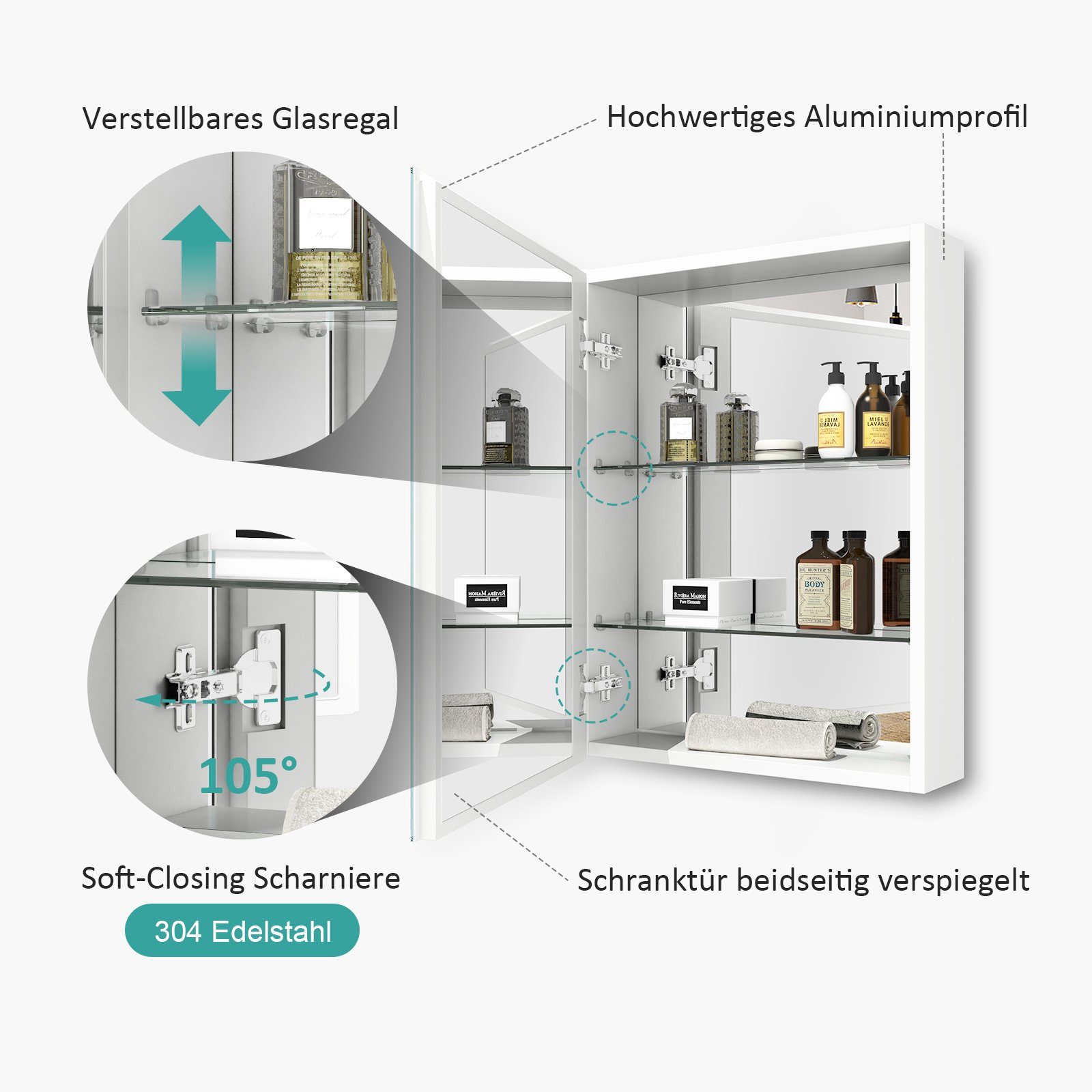 EMKE Spiegelschrank bad 50x65 cm 1-tütig Spiegelschränke Badezimmer Spiegelschrank Badschrank Doppelseitiger Spiegel und höhenverstellbaren Glasablage