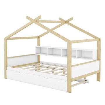 Ulife Kinderbett Hausbett, ausgestattet mit Ausziehbett,140*200 cm, Einzigartiges Loft-Design, vier Staufächern