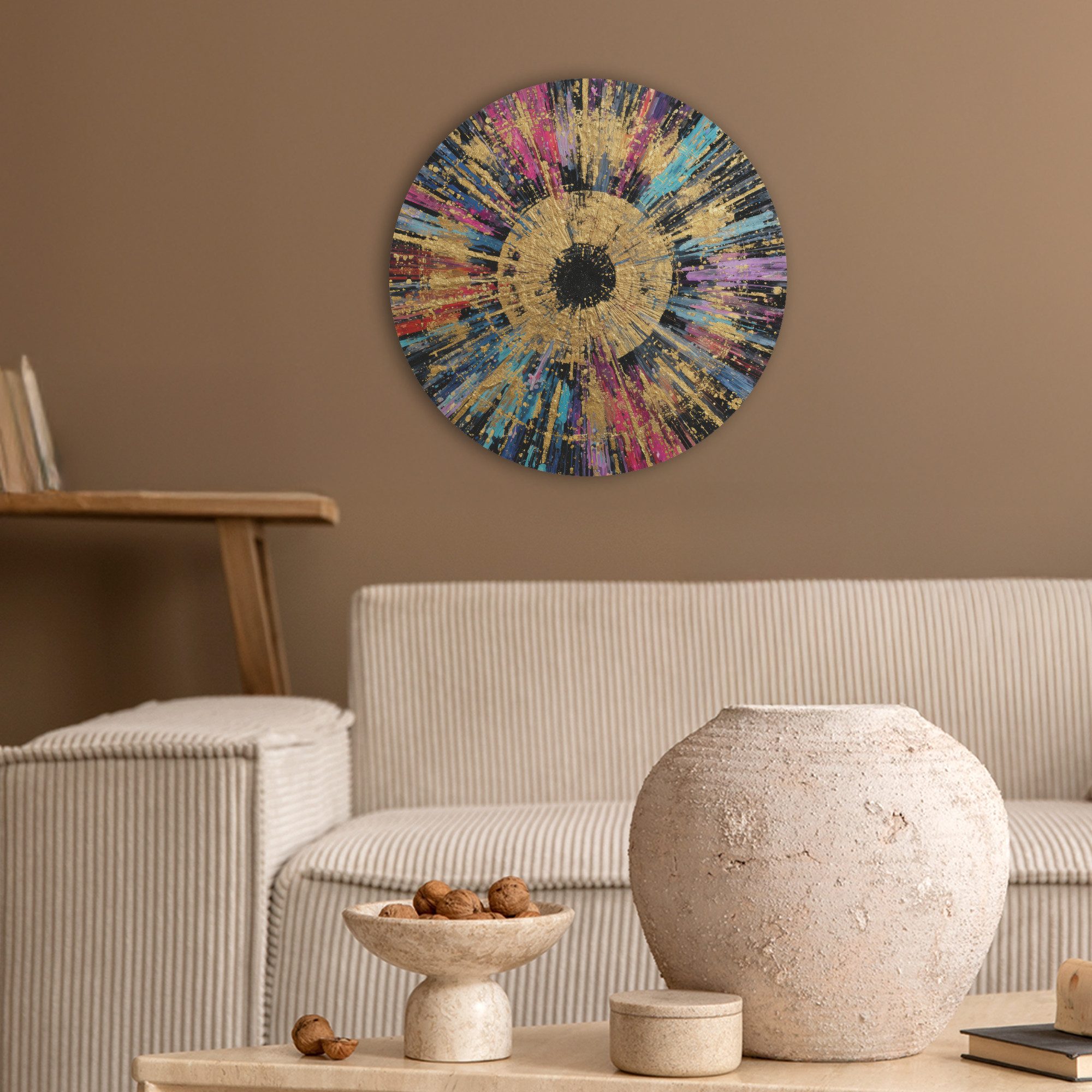 MuchoWow Gemälde Explosion - Gold - Bunt - Abstrakt, Fotodruck (1 St), Akustikpaneele rund, Schalldämmung, Akustikbilder 30x30 cm