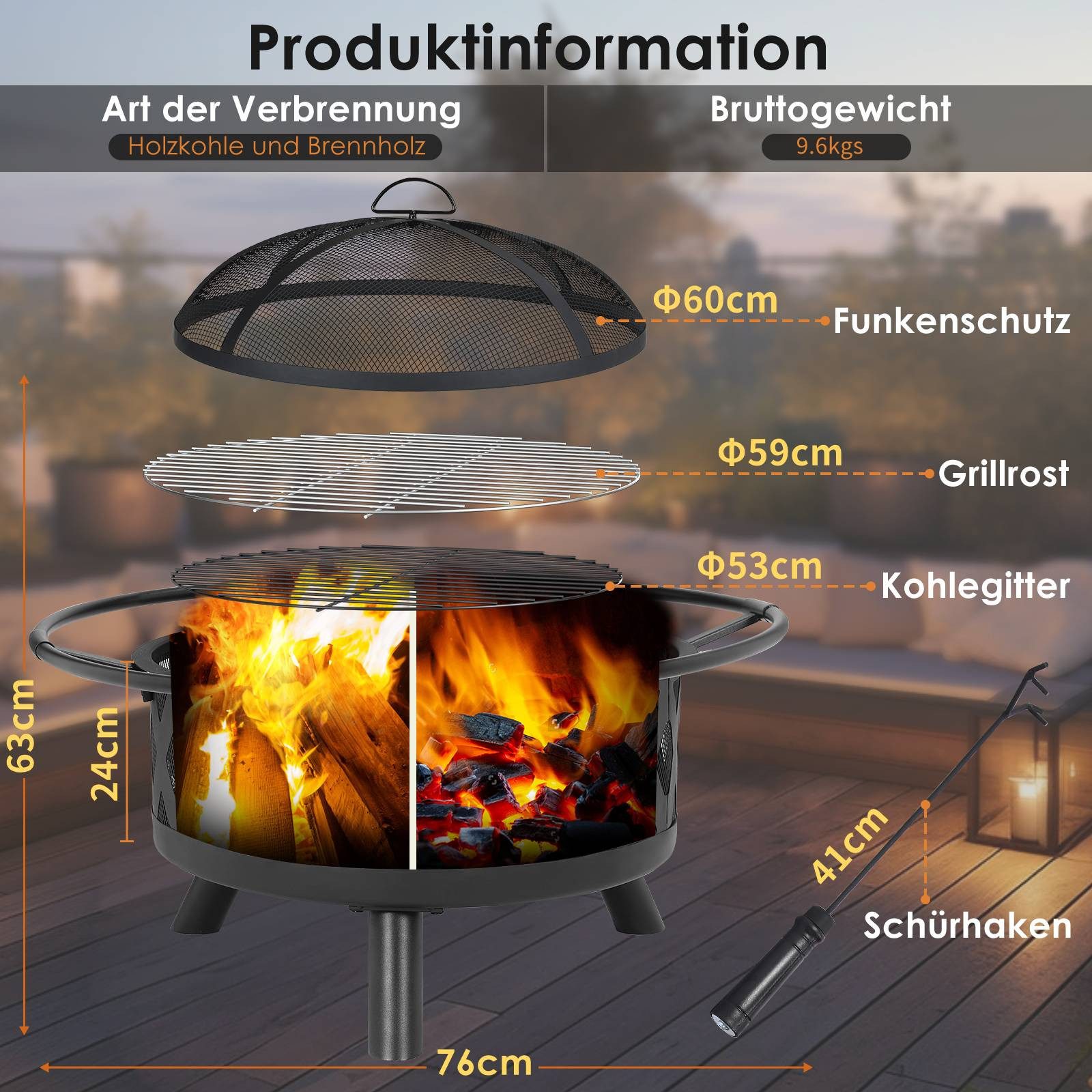 TLGREEN Feuerschale 76cm/80cm BBQ Feuerkorb Garten mit Grillrost, (2-in-1 Feuerschale Outdoor aus Stahl, Inkl. Funkenschutz & Zubehör), Tragbar für Camping, Terrasse, Gartenparty & Lagerfeuer
