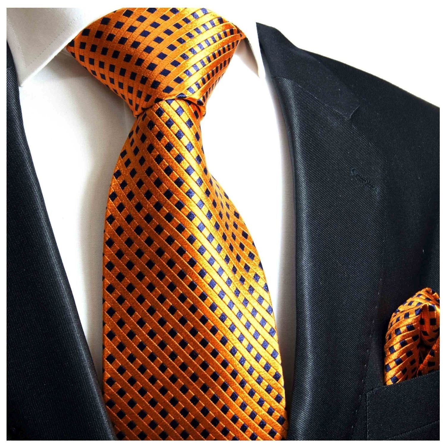 Paul Malone Krawatte Herren Seidenkrawatte mit Tuch modern kleine Karos 100% Seide (Set, 2-St., Krawatte mit Einstecktuch) Schmal (6cm), orange bronze blau 310