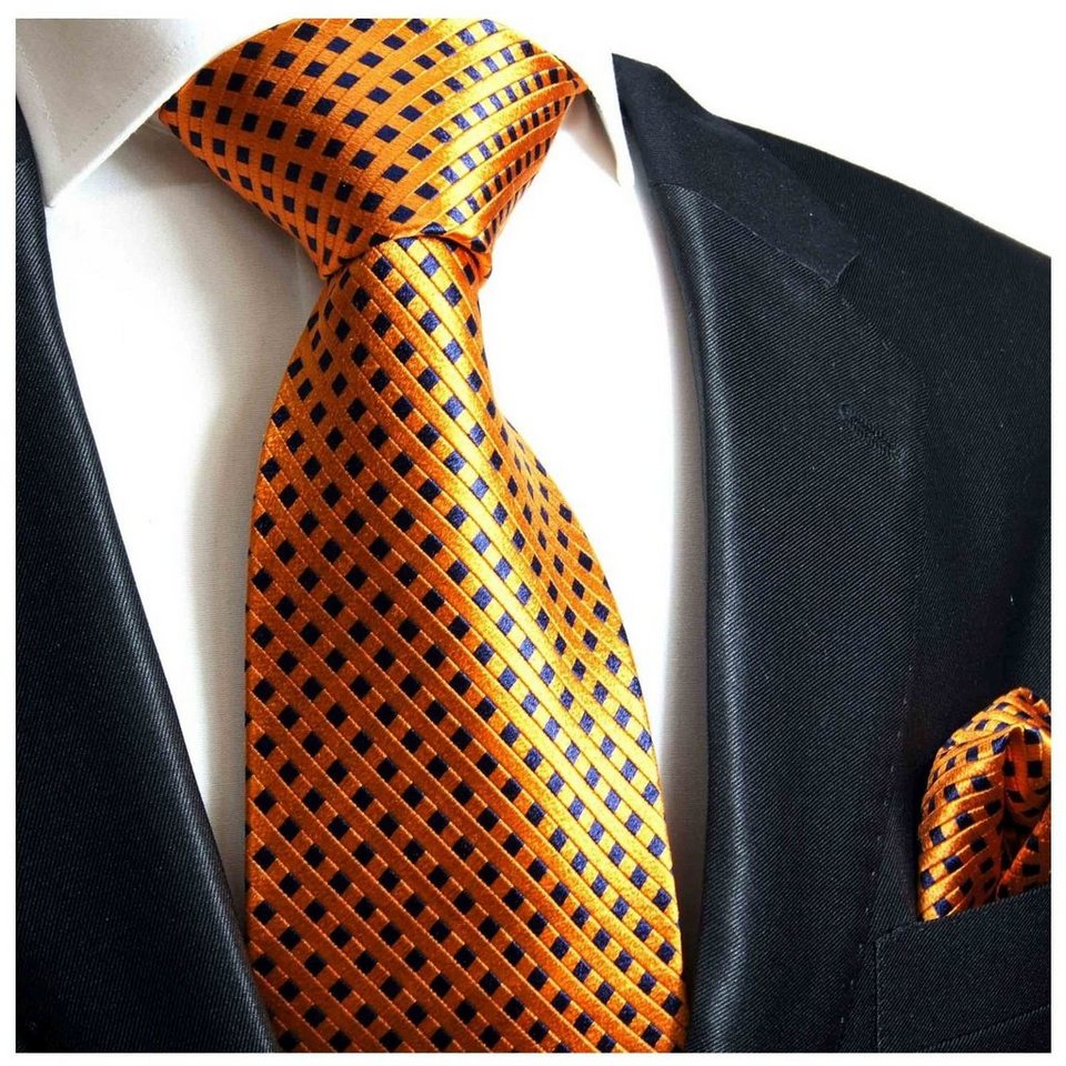 Paul Malone Krawatte Herren Seidenkrawatte mit Tuch modern kleine Karos  100% Seide (Set, 2-St., Krawatte mit Einstecktuch) Breit (8cm), orange  bronze blau 310