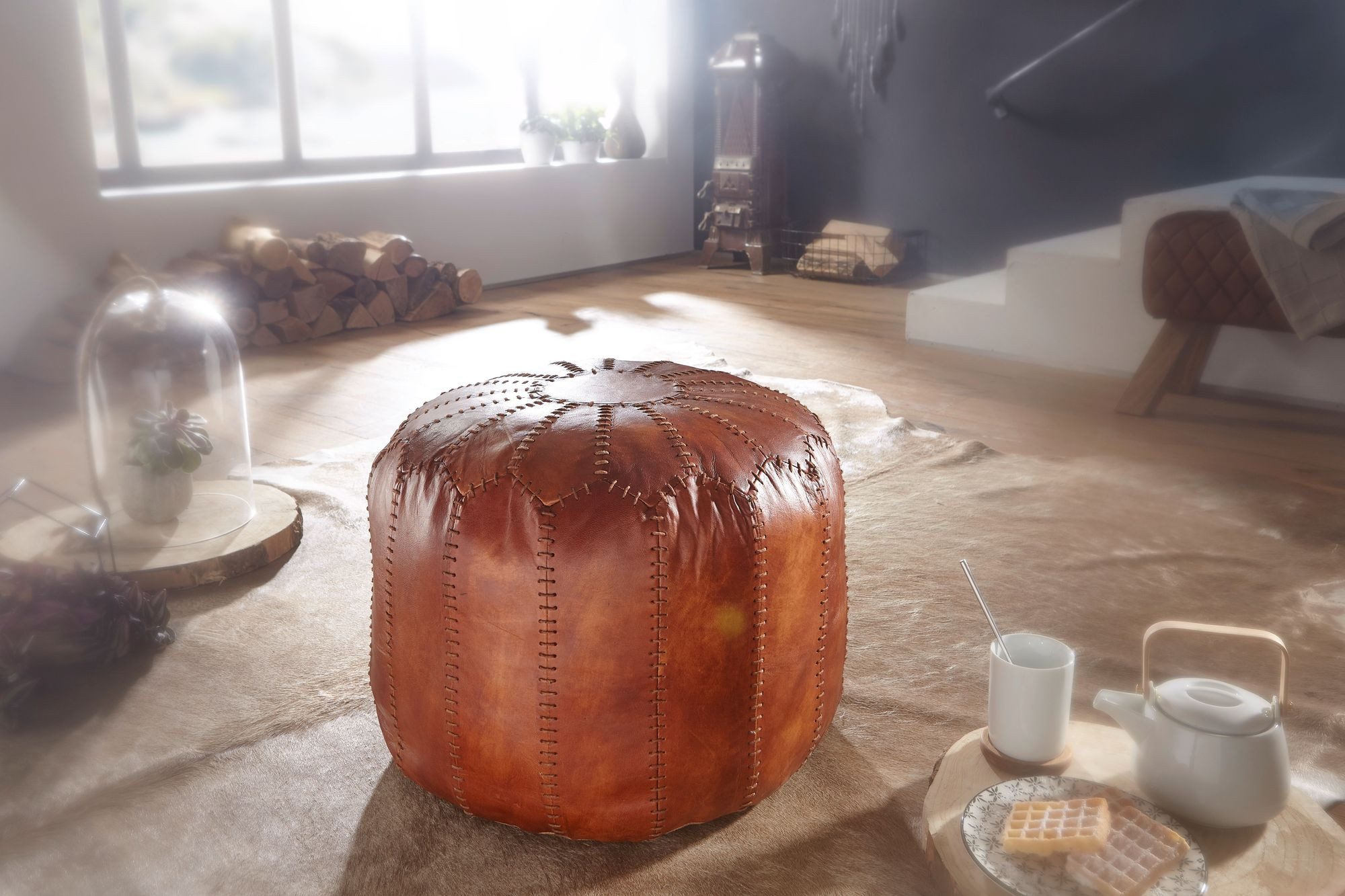 FineBuy Sitzhocker Echtleder Braun 52 x 40 x 52 cm Ottomane Wohnzimmer, Design Pouf Hocker Orientalisch, Polsterhocker Orient Beinablage Sofa – Bild 2 von 5