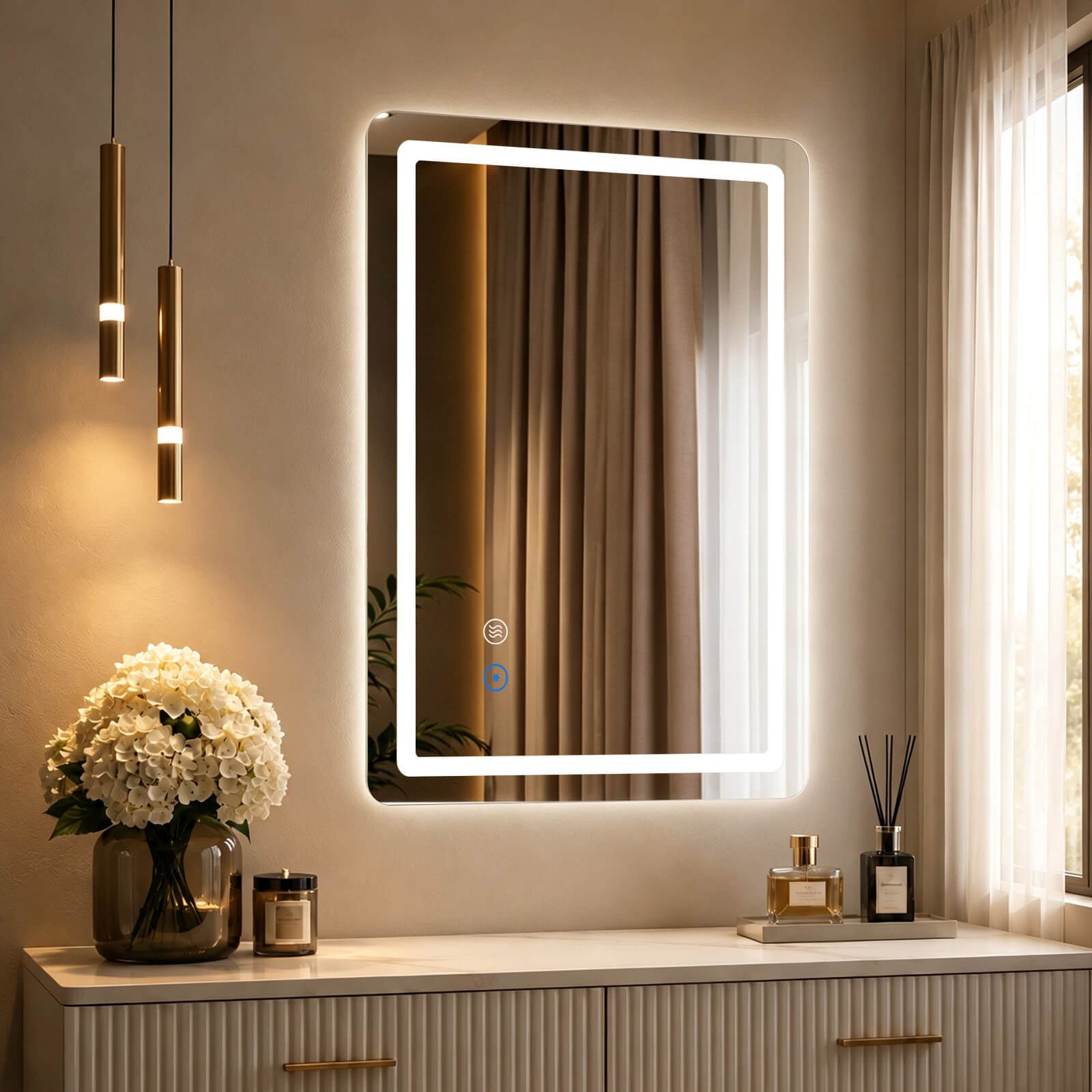 SaniteModar Badspiegel mit doppelten LED-Lichtleisten, dimmbar, Antibeschlagfunktion (1-St), LED Badezimmerspiegel mit dreifarbigem Licht, 50 × 70 cm