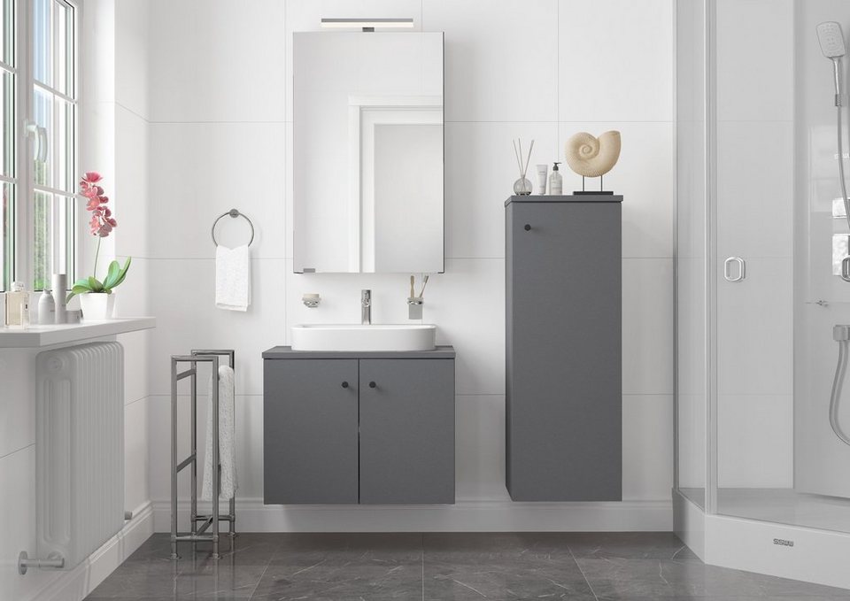 ERST-HOLZ Badmöbel-Set Badmöbel Spiegelschrank Waschtisch Schrank halbhoch  Set grau, (Set ohne Füße)