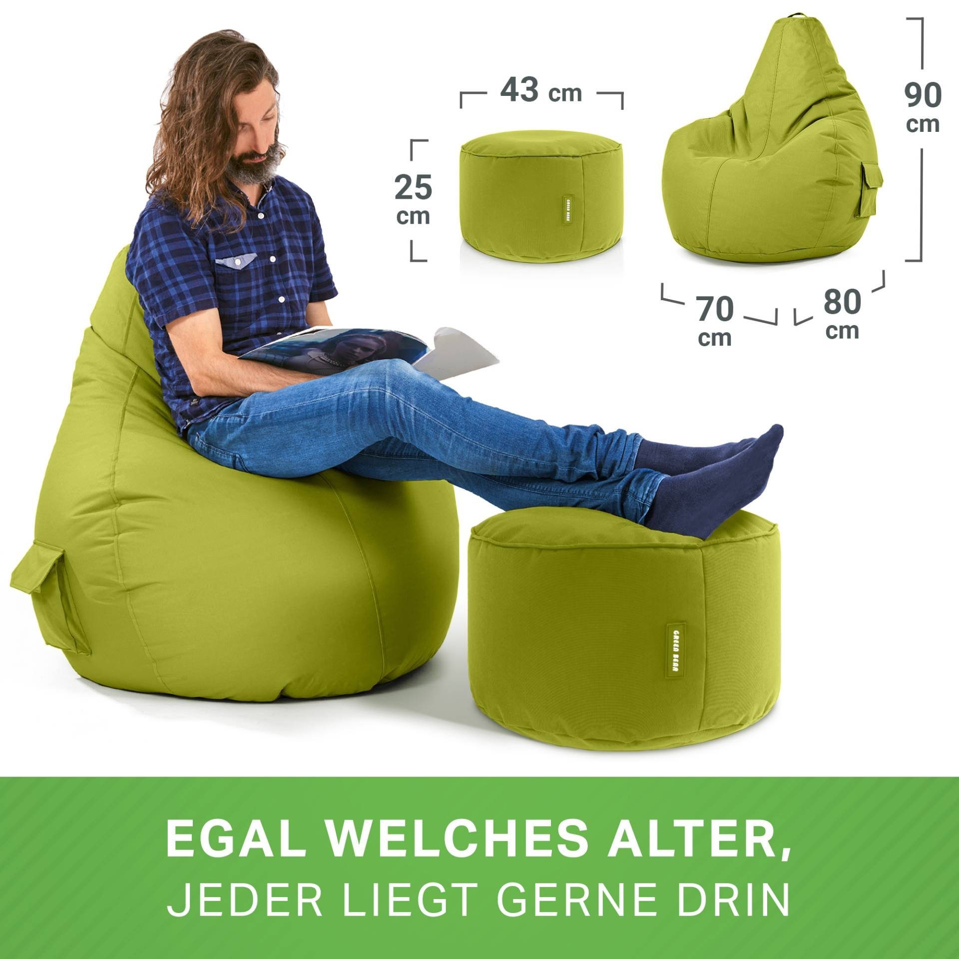 Green Bean Gaming Chair Cozy Relax-Sessel Stay, mit Sitzsack Sitzhocker, Grün Set Sitzkissen, 