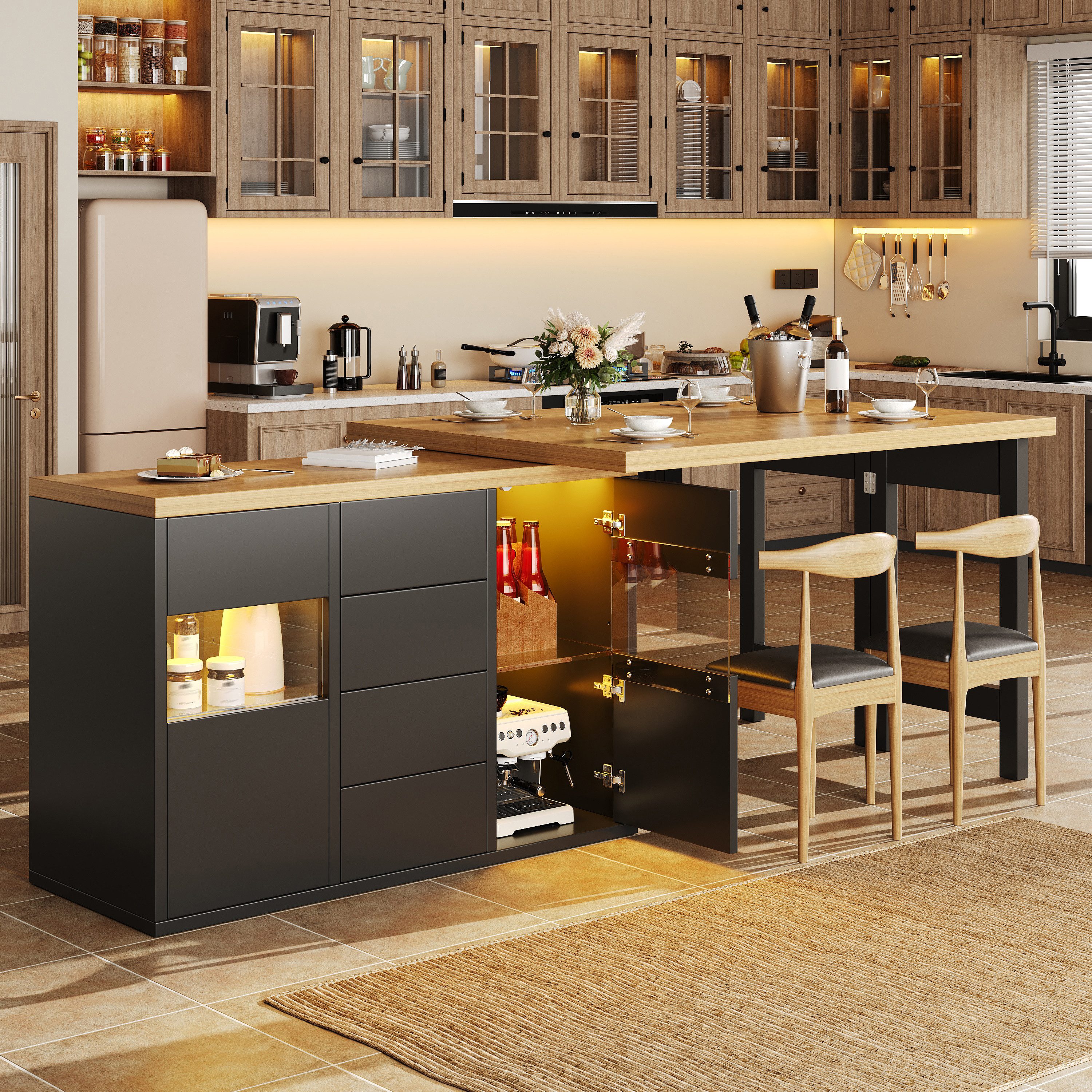 Flieks Kücheninsel mit 360° drehbarer und klappbarer Arbeitstisch, LED-Beleuchtung, (Holzoptik Tischplatte Tiefe 40-80cm, Längenverstellbar 120-197cm), ausziehbar Esstisch & Mehrzweckschrank, verstellbar Glaseinlegeböden