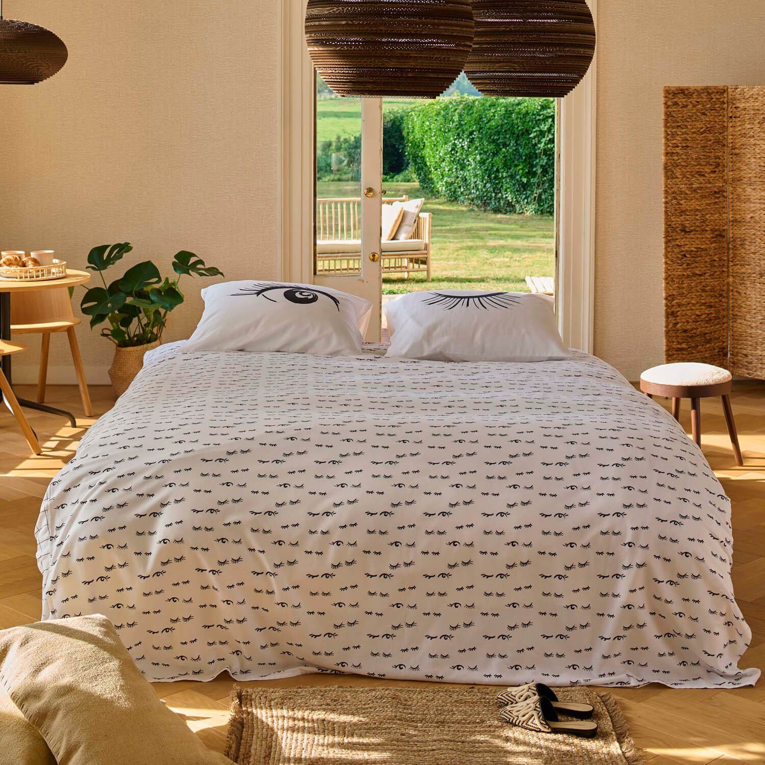 Essenza Bettwäsche Eyecatcher White, Baumwolle, 2 teilig, Augenzwinker, Schlafendes Auge, Wimpern