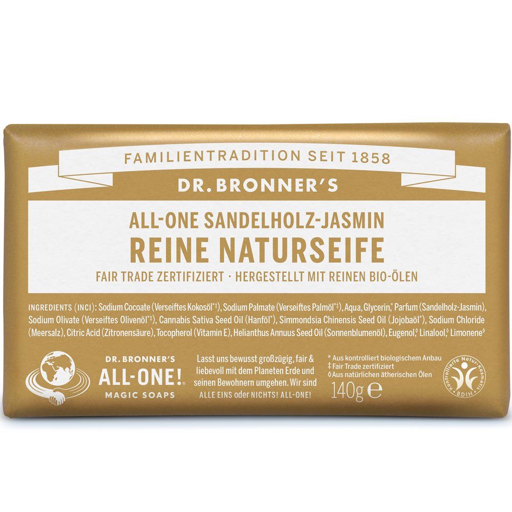 Dr. Bronners Feste Duschseife Reine Naturseife Sandelholz-Jasmin, 140 g