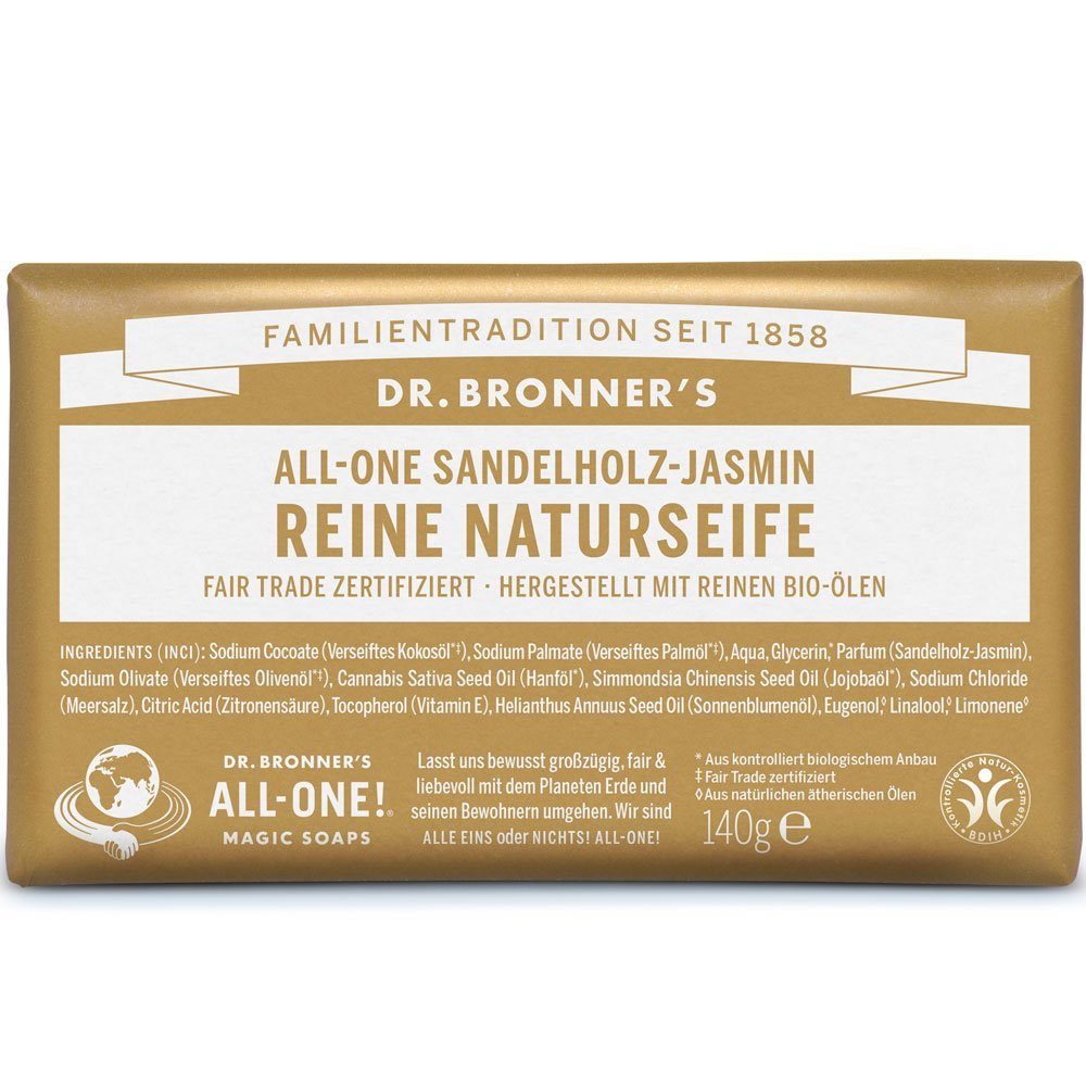 Dr. Bronners Feste Duschseife Reine Naturseife Sandelholz-Jasmin, 140 g