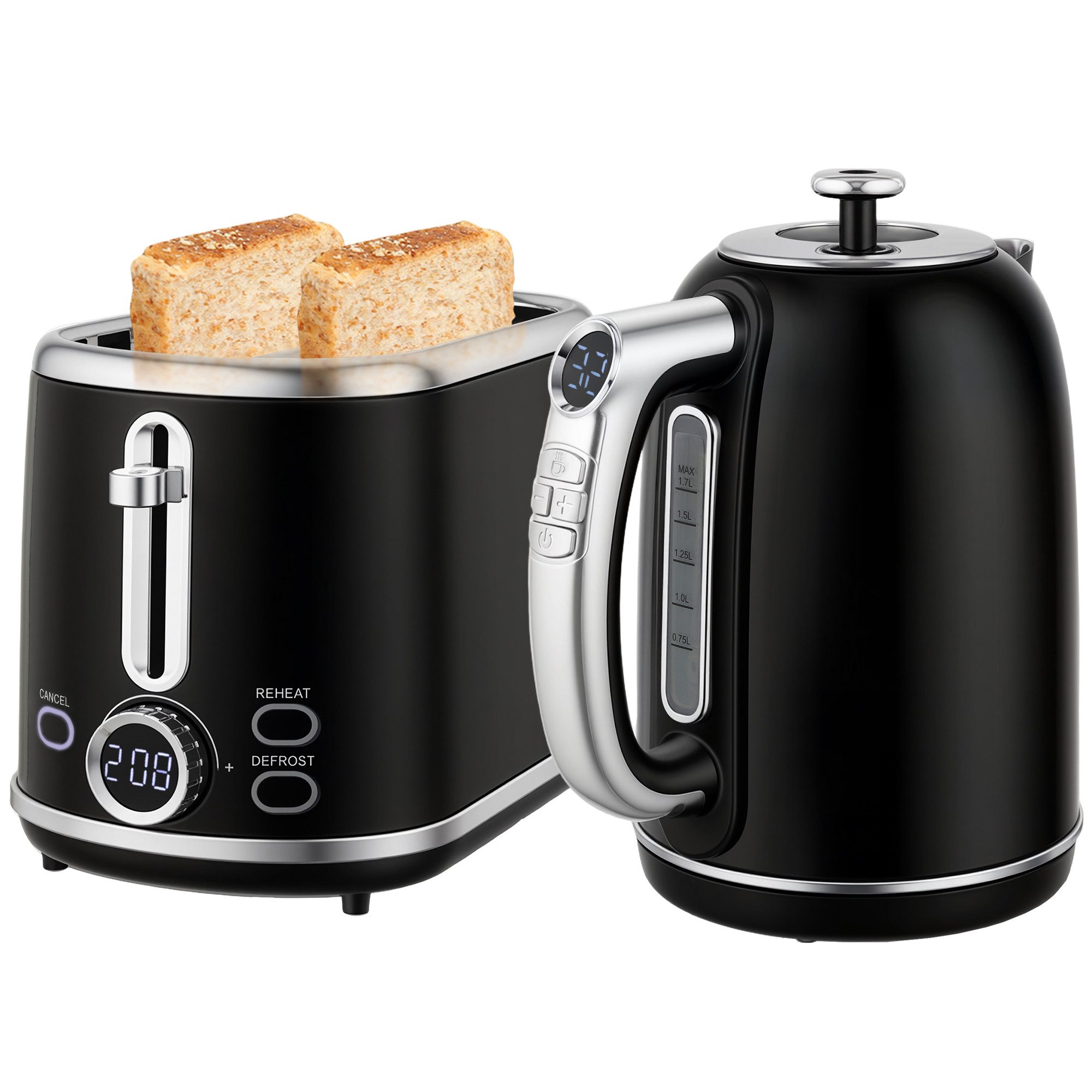 HOMCOM Toaster Wasserkocher Set 1,7L Edelstahl Memory-Funktion, Wasserkocher-Toaster-Set, für Frühstückszubereitung, 2200 W, mit LED-Display, Schwarz