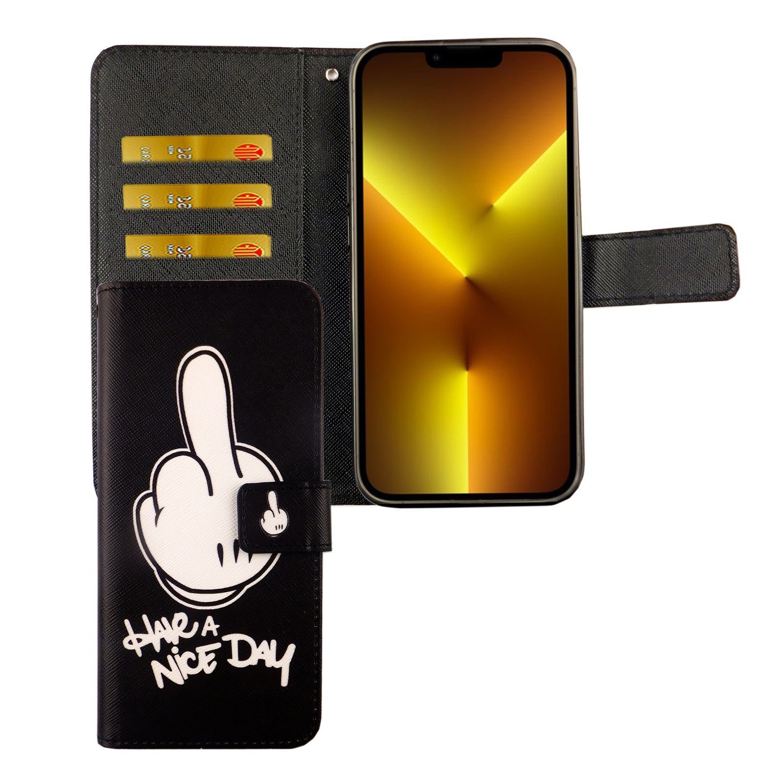 König Design Handyhülle Apple iPhone 13 mini, Schutzhülle für Apple iPhone 13 mini Tasche Handy Hülle Schutz-Cover Flip-Case mit Kartenfach Have A Nice Day Schwarz