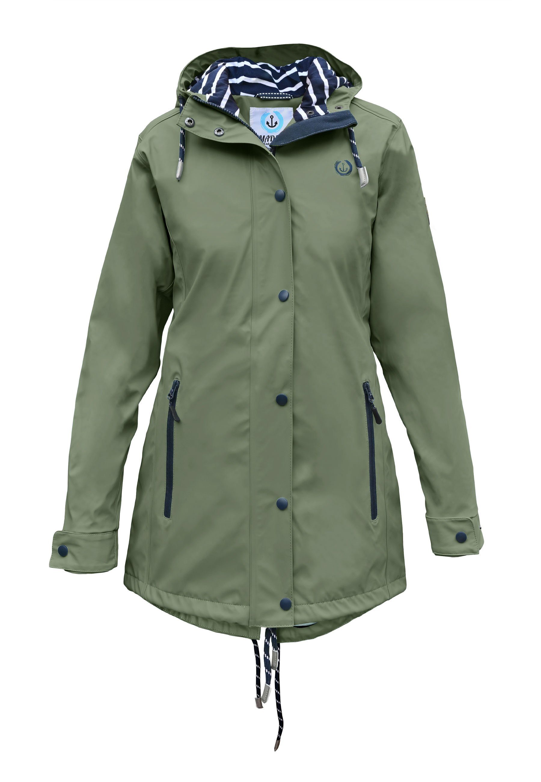 MADSea Regenjacke Friesennerz Oliv taillierter Regenmantel mit gestreiftem Innenfutter