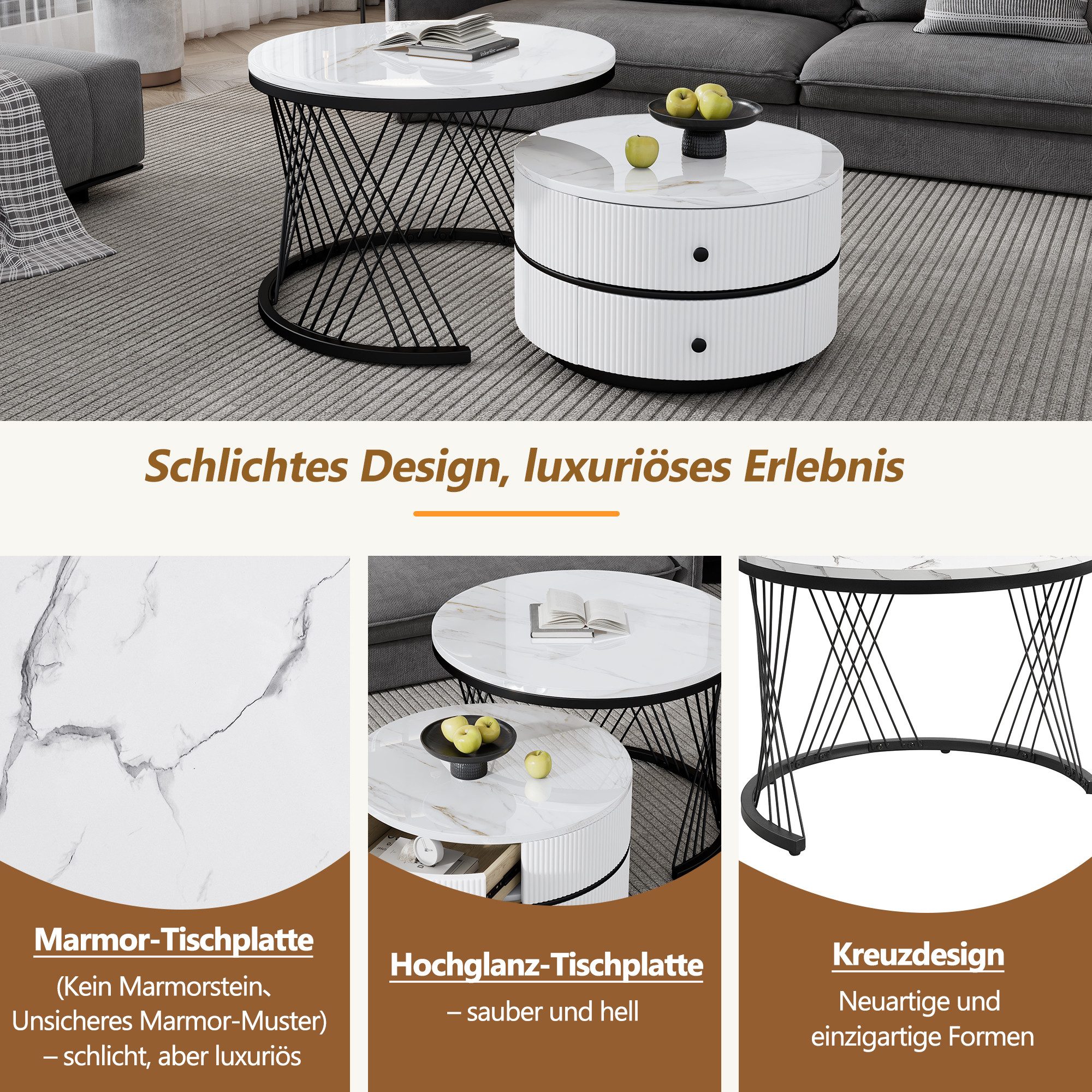 Merax Couchtisch, Hochglanz Marmoroptik, Beistelltisch Set, Satztisch Metal günstig online kaufen