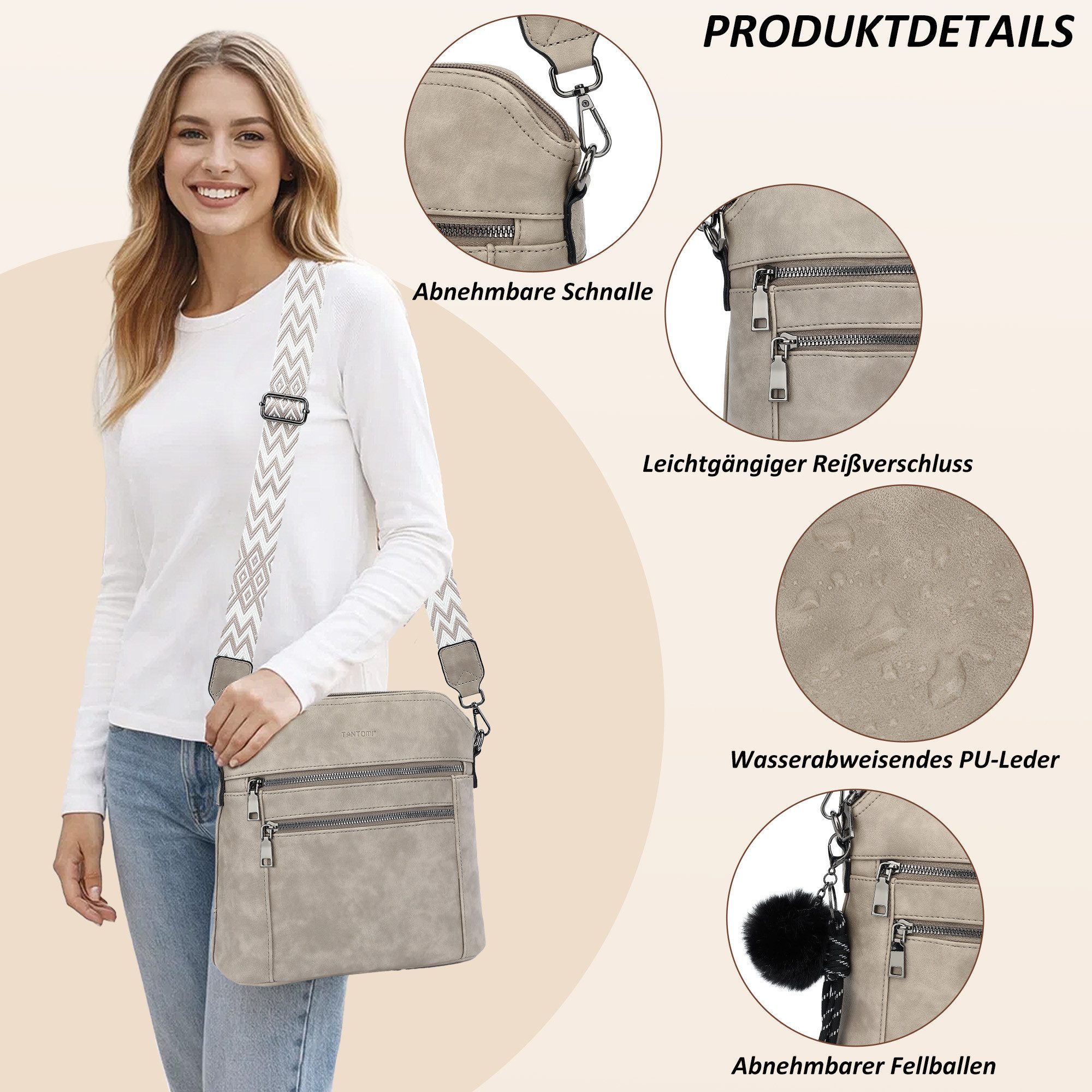 TANTOMI Schultertasche Damen Umhängetasche Mittelgroß mit Vielen Fächern, Crossbody Bag mit Verstellbar Abnehmbar Breiter Gurt – Bild 4 von 5