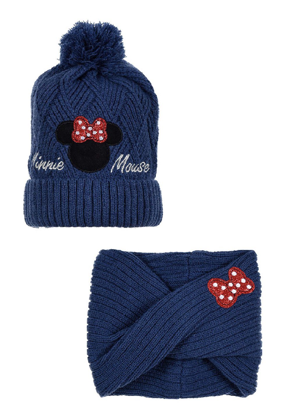 und Maus Mädchen Mouse (SET) Minnie Disney Winter-Set Mütze Dunkel-Blau Kinder Mini Bommelmütze Loop