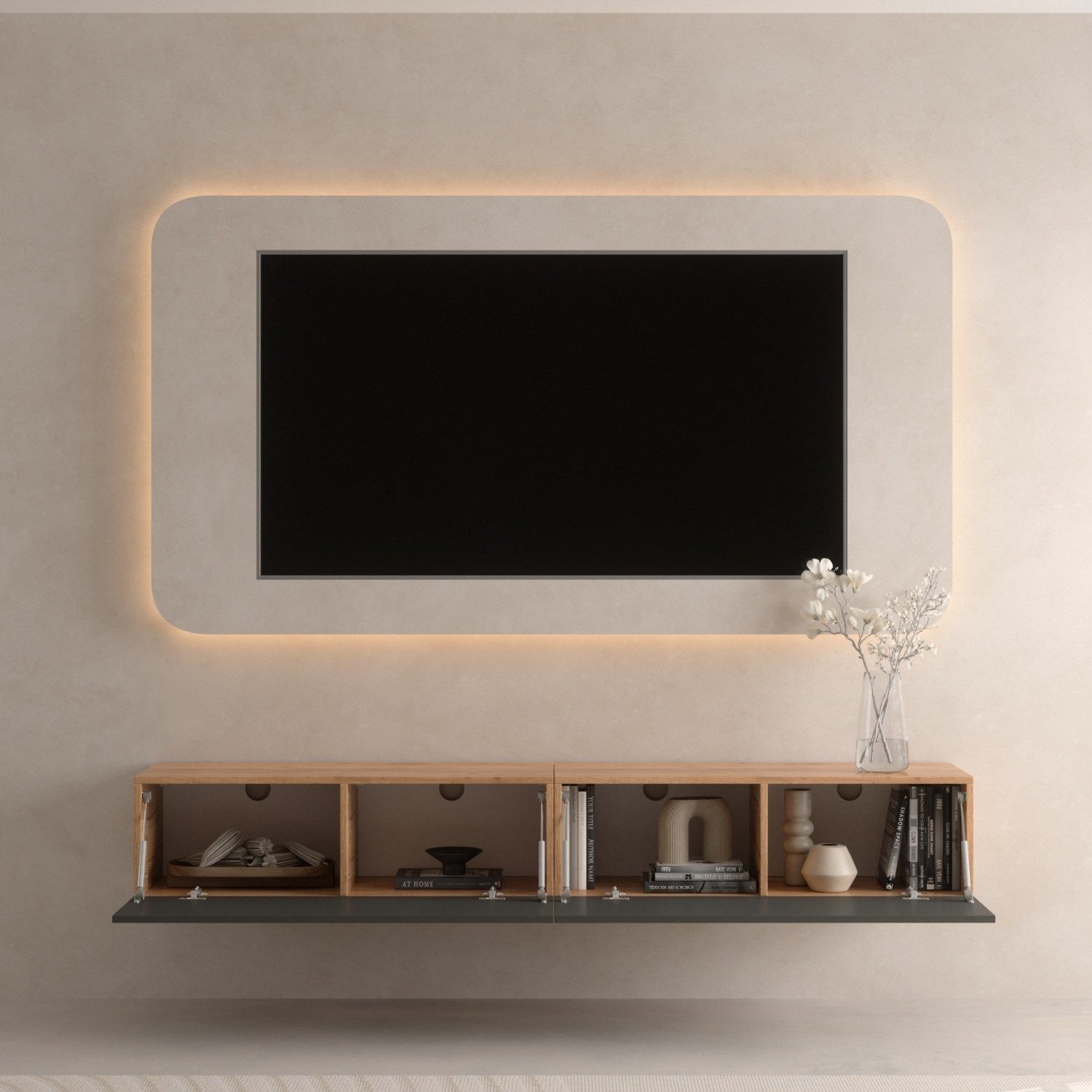 Planetmöbel TV-Schrank West TV-Board, Fernsehtisch 200 cm lang, TV-Lowboard (für Fernseher bis 55 Zoll, TV Schrank viel Stauraum, 2-St., sideboard hängend, Fern – Bild 4 von 5