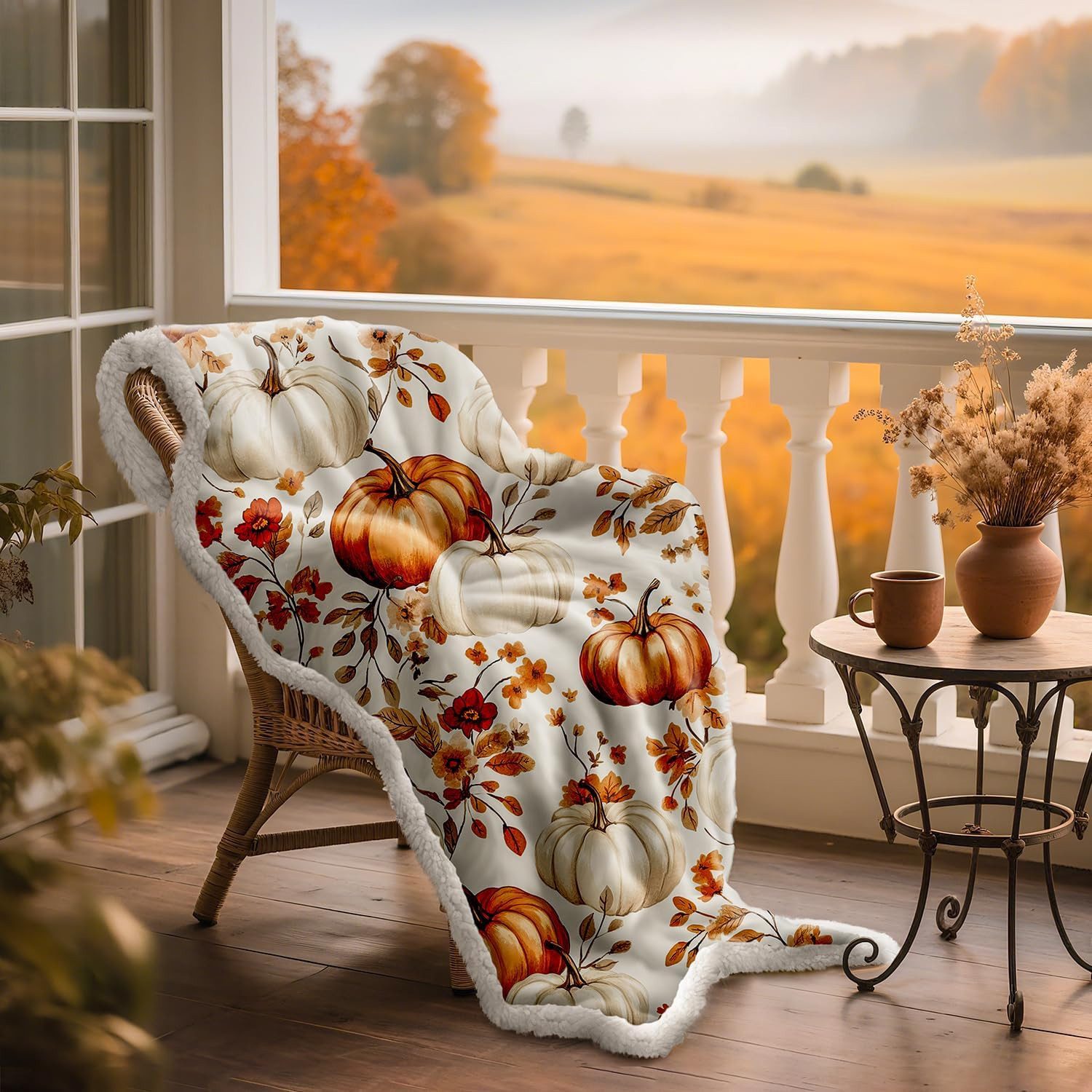 Wohndecke Herbstdecke mit Kürbis- und Blattmotiv, weich, 150 x 130 cm, FOUORTUNATE-BEE, Weiche orange Kuscheldecke für Sofa & Bett, Halloween-Deko – Bild 3 von 5