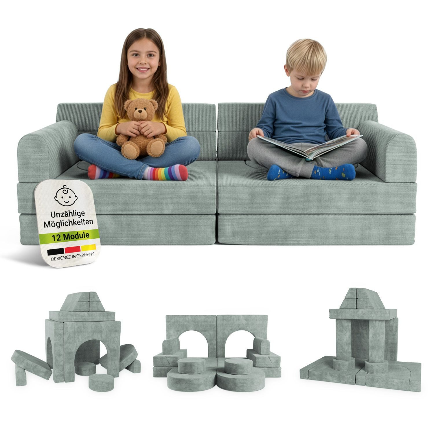 Juskys Kindersofa Kayo, 12 Teile, Modulares Spielsofa, Waschbare Cord-Bezüge, 12-teiliges Set mit Kissen
