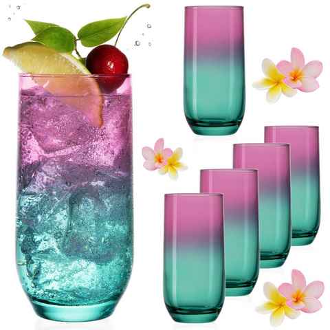 PLATINUX Glas Trinkgläser Rosa-Türkis Bunt, Glas, 360ml (max. 440ml) Wassergläser Saftgläser Longdrinkgläser