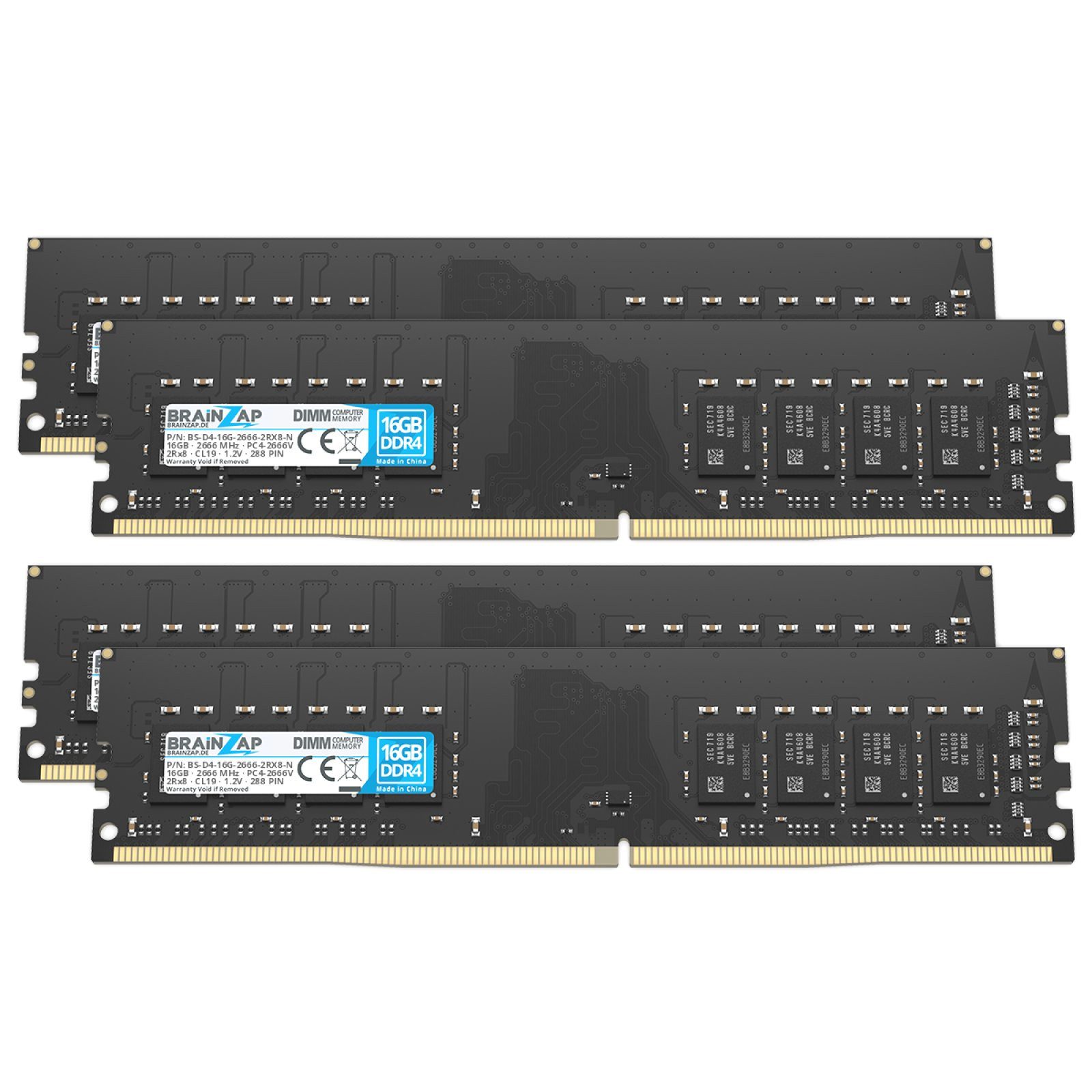 BRAINZAP 64GB (4x 16GB) RAM PC4-2666V DIMM PC-Arbeitsspeicher (2666 MHz, CL19, 2Rx8, Non-ECC, Unbuffered, Desktop-PCs - Intel und)