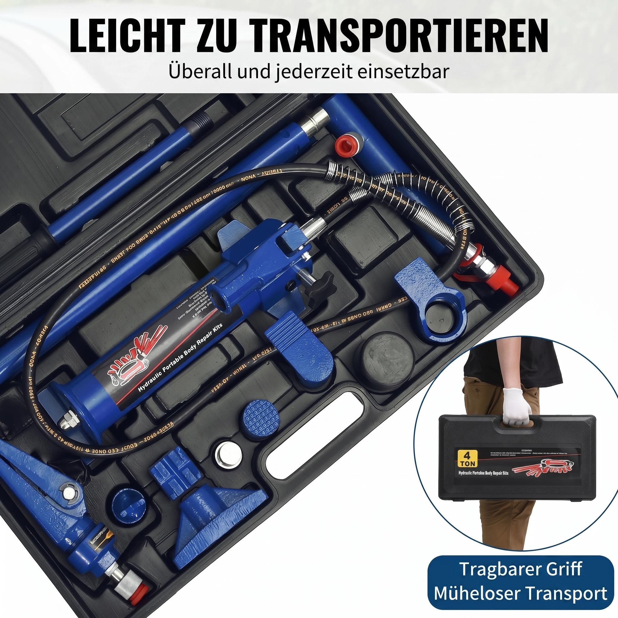 GarveeMore Wagenheber Hydraulischer Karosserie-Richtsatz (Porta Power) aus Stahl, getrennte Hydraulikpumpe & Zylinder, mit Kunststoff-Transportkoffer – Bild 3 von 5