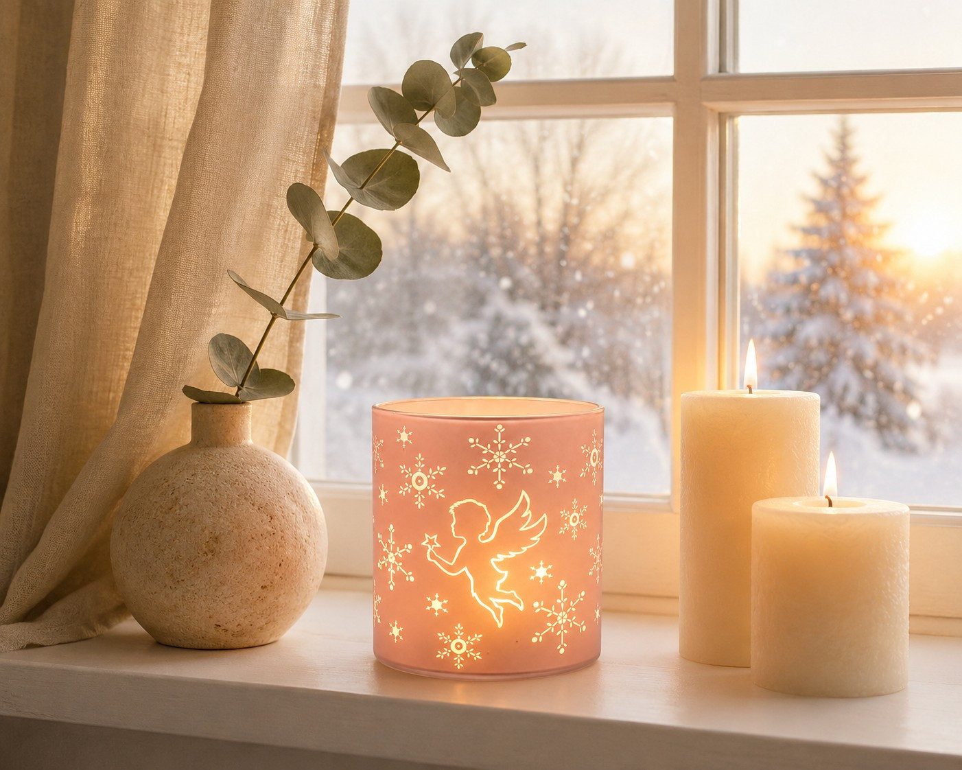 Wurm LED Windlicht LED Windlicht Engel aus Glas Rosa mit Lichterkette 10 cm
