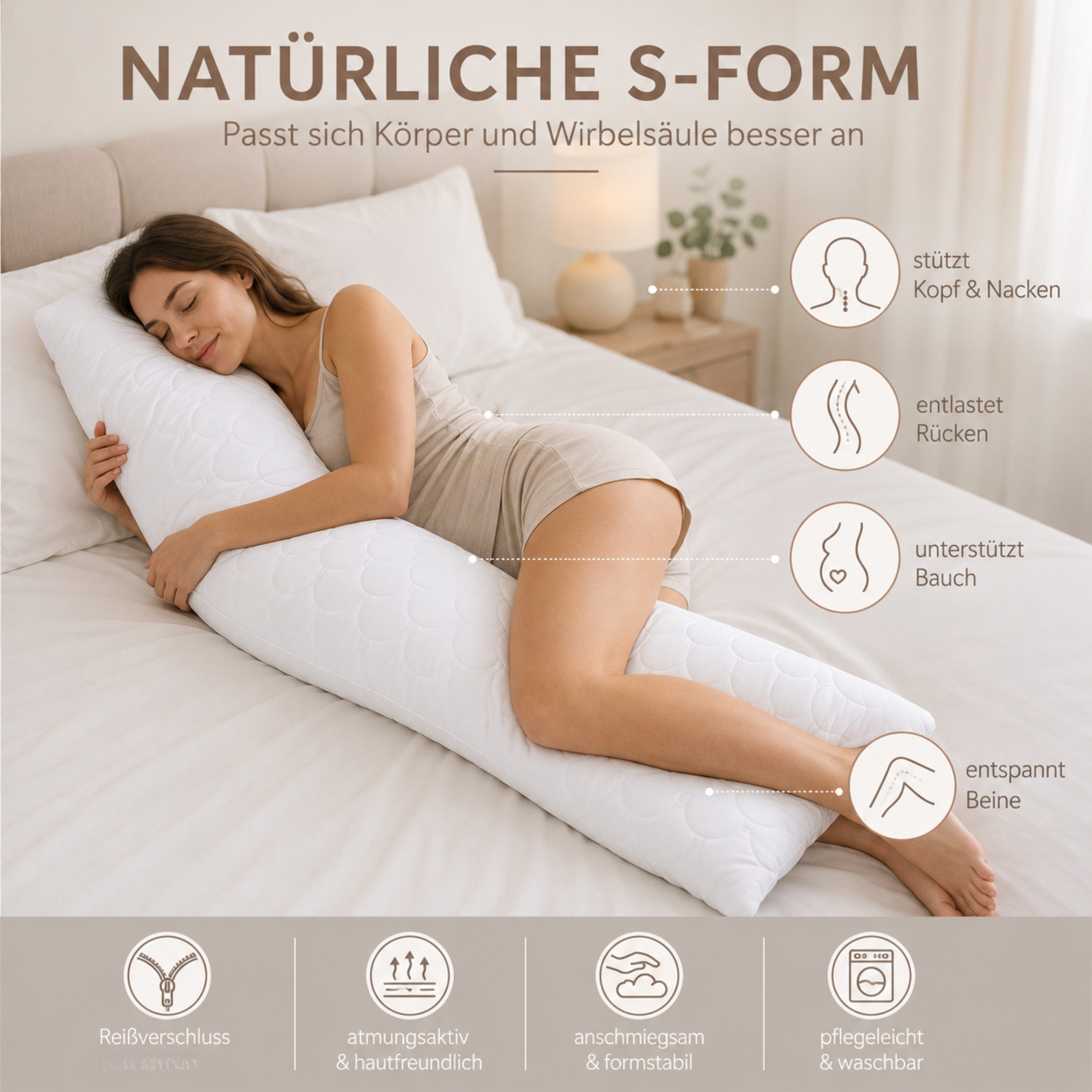 SEI Design Seitenschläferkissen 40x130 cm WELLE - in natürlicher S-Form, 1 Stück, 1-tlg., Schwangerschaftskissen Stillkissen – Bild 2 von 5