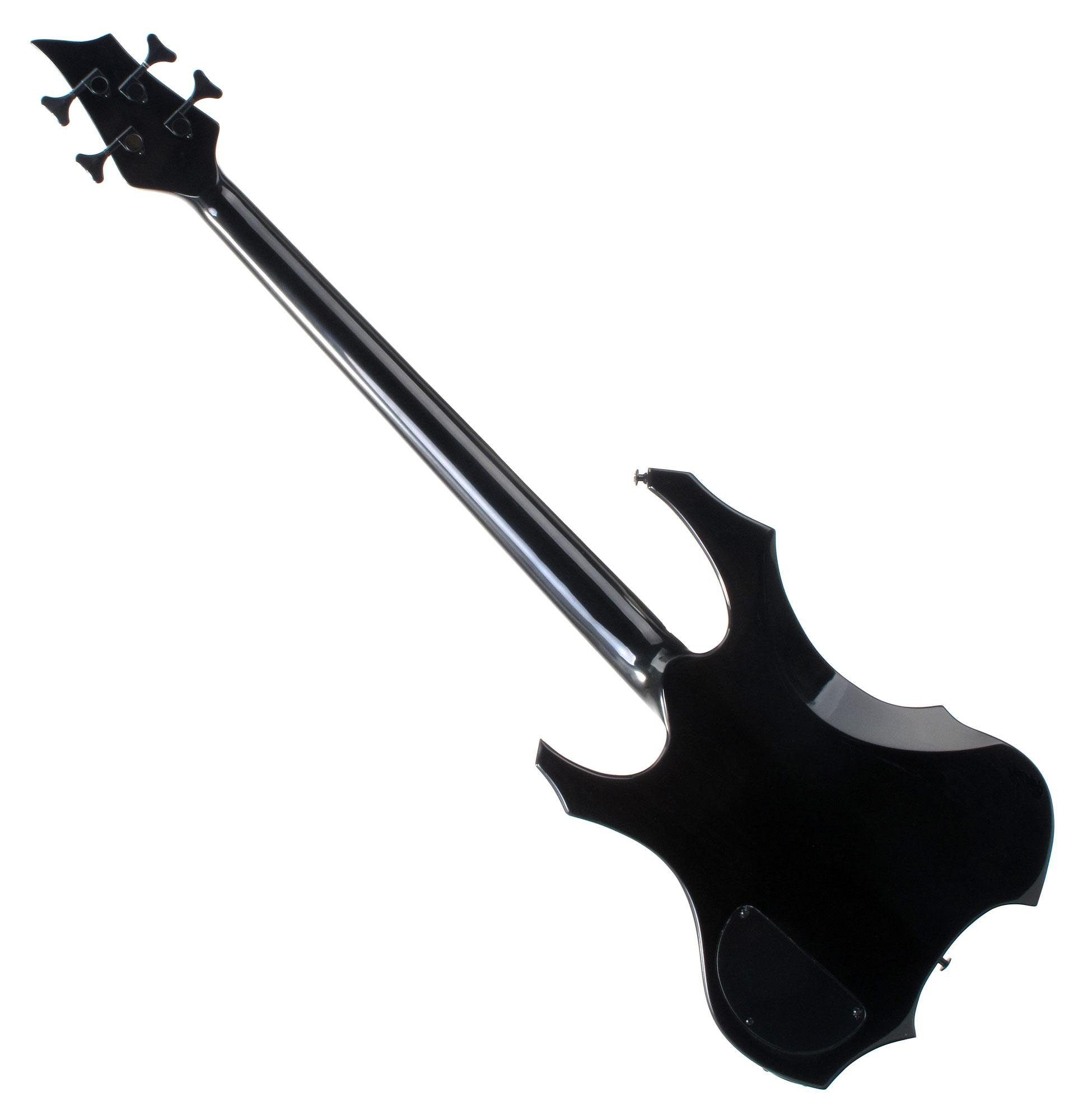 Rocktile E-Bass Pro BB104-B BattleBone E-Bass Black Set, Heavy-Design, Spar-Set, inkl. Tasche, Gitarrenkabel und Gurt, Skull Dots Inlays - 2 Humbucker Tonabnehmer
