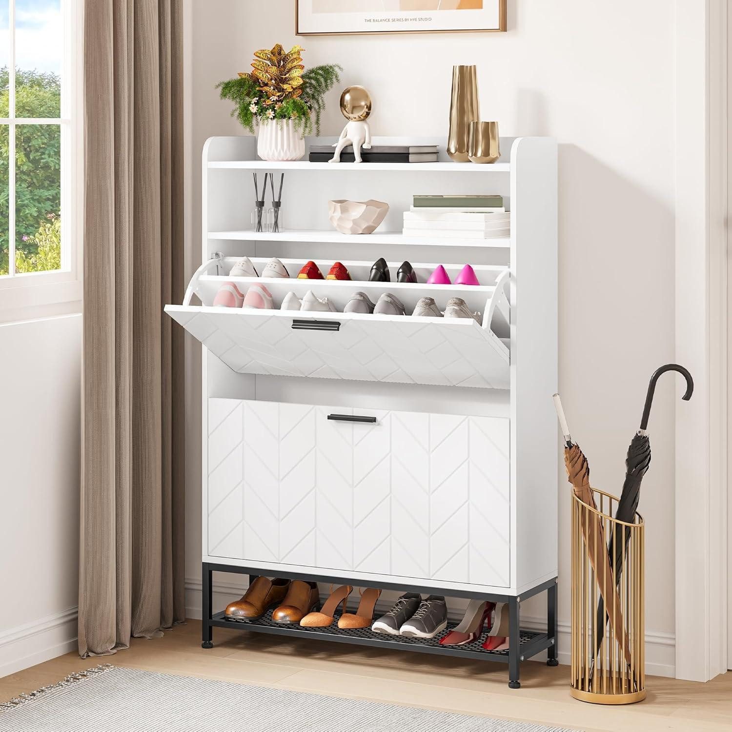 YITAHOME Schuhanstecker Schuhschrank aus Holz mit Klappschubladen und Regalen, Metallbeinen