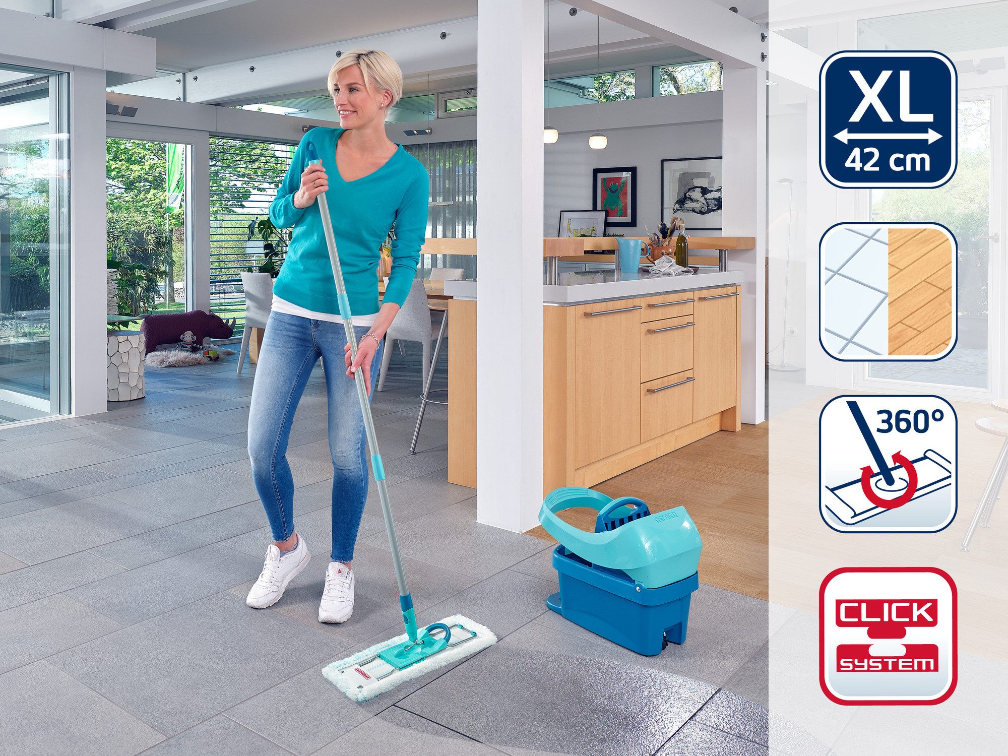 Leifheit Bodenwischer-Set Bodenwischer Profi XL micro duo, (3-St), Waschbar bei 60°C, Wischbreite 42cm, Arbeitshöhe 146cm, Microfaser