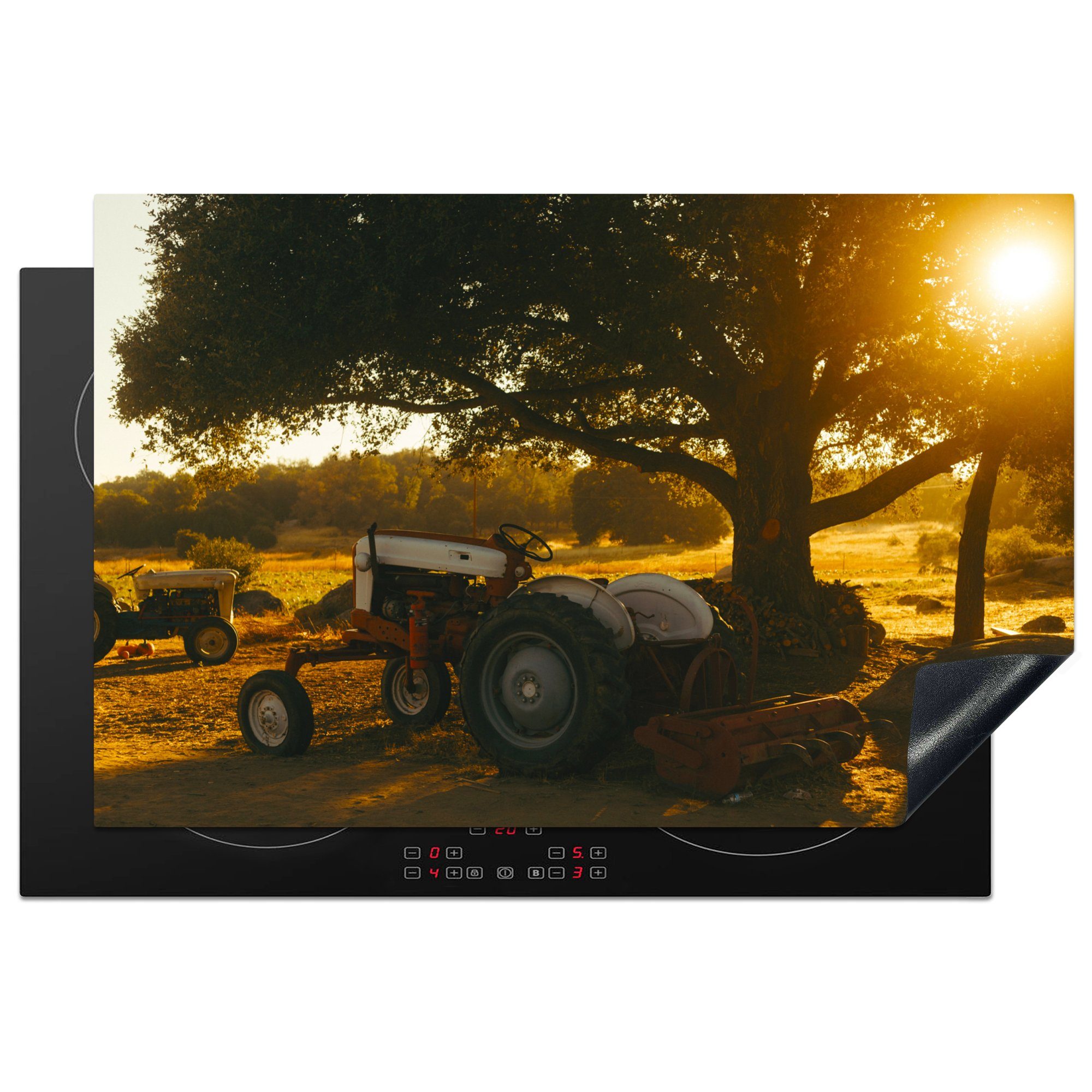 MuchoWow Herdblende-/Abdeckplatte Traktor - Sonne - Baum - Landschaft, Vinyl, (1 tlg), 81x52 cm, Induktionskochfeld Schutz für die küche, Ceranfeldabdeckung