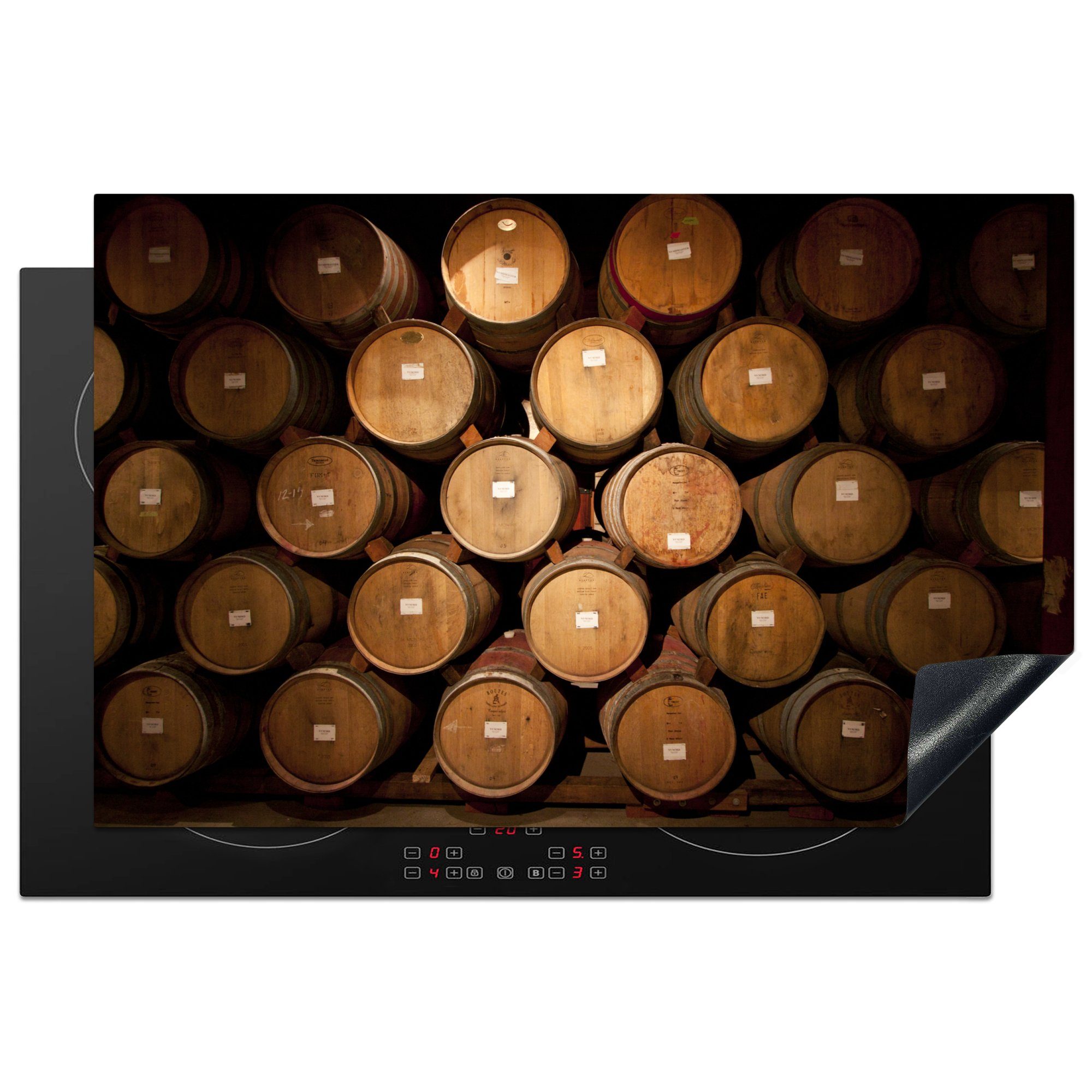 MuchoWow Herdblende-/Abdeckplatte Weinfässer in einem Weinkeller, Vinyl, (1 tlg), 81x52 cm, Induktionskochfeld Schutz für die küche, Ceranfeldabdeckung