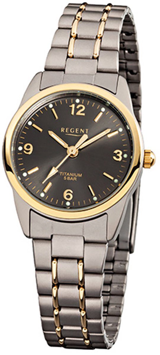 Regent Quarzuhr Regent Damen-Armbanduhr grau silber gold, (Analoguhr), Damen Armbanduhr rund, klein (ca. 26mm), Titanarmband