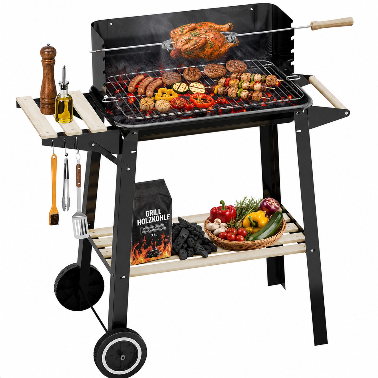 HOMELUX Holzkohlegrill Grillwagen Standgrill mit Räder, Höheverstellbar Grillrost, Holzablage, Set, Ideal für Picknick, Garten Camping, BBQ Smoker 84 × 39 x 87cm