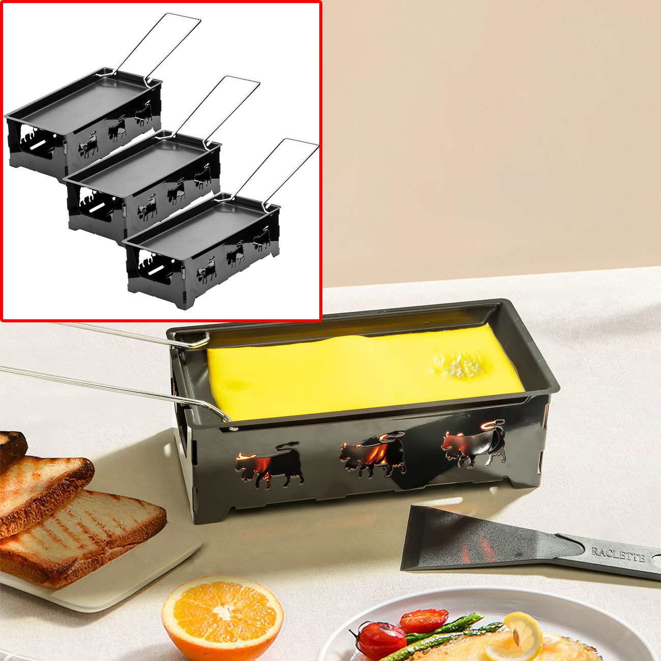 Casativo Raclette Teelicht Raclette Set ohne Strom für 1-2 Personen Metall Antihaft, 3 Raclettepfännchen, mit Kuh-Design/Metallgestell/Klappgriff