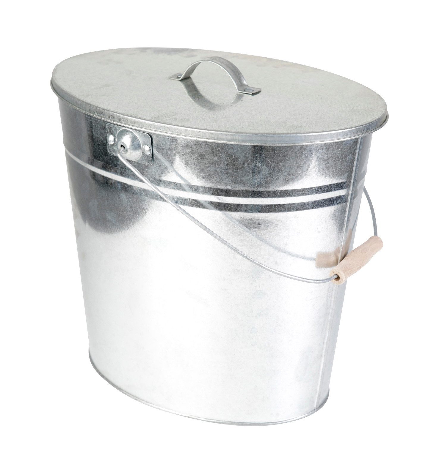 Kamino Flam Mülleimer Ascheeimer Mehrzweckeimer Eimer verzinkt mit Deckel und Henkelgriff, hitzebeständiges Material, wärmeisolierter Holzgriff