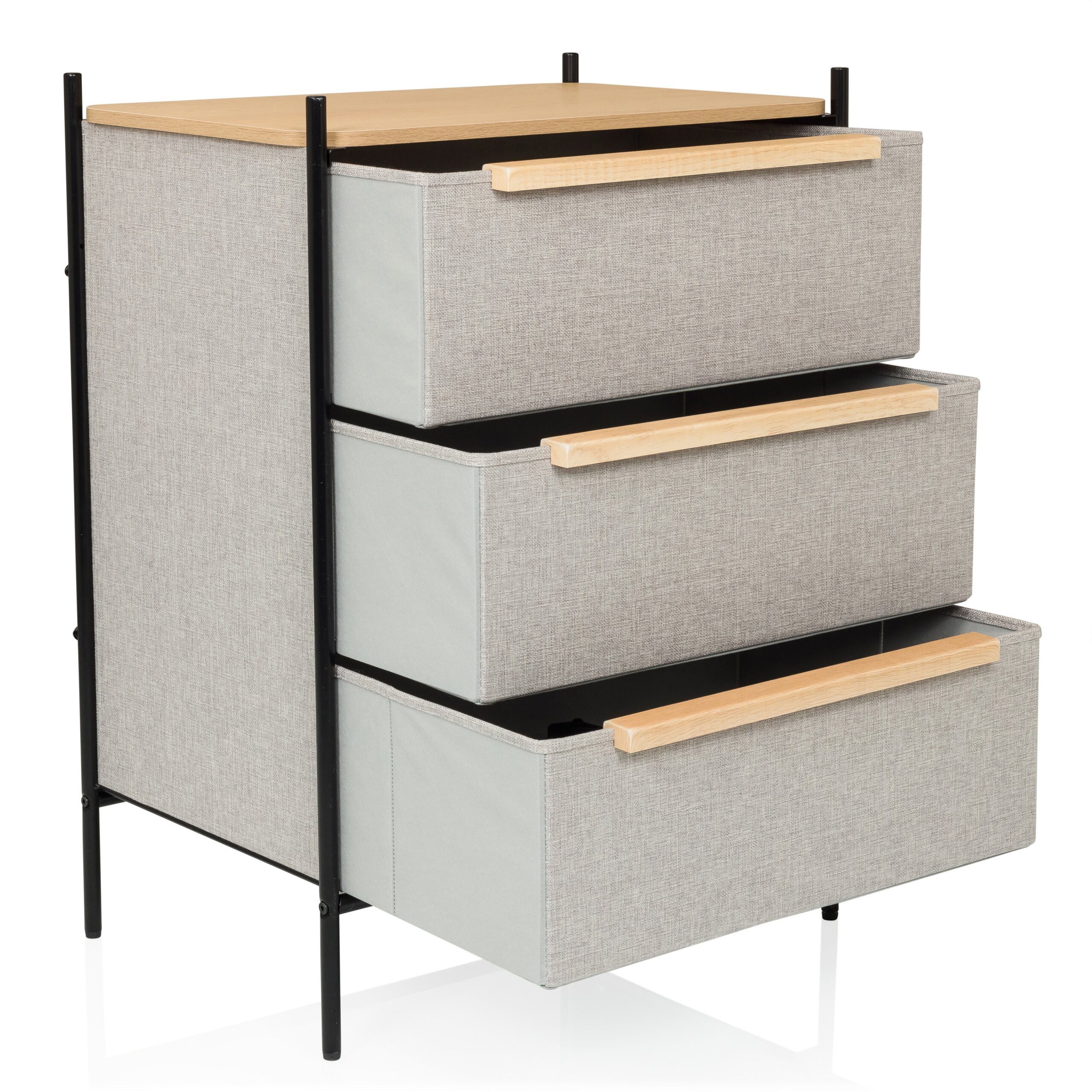 hjh LIVING Kommode STUVAR Sideboard H/B/T: 79.0 x 58.0 x 39.0 cm, Schubladenkommode mit 3 Stoff-Schubladen, Metallgestell, Holzgriffe