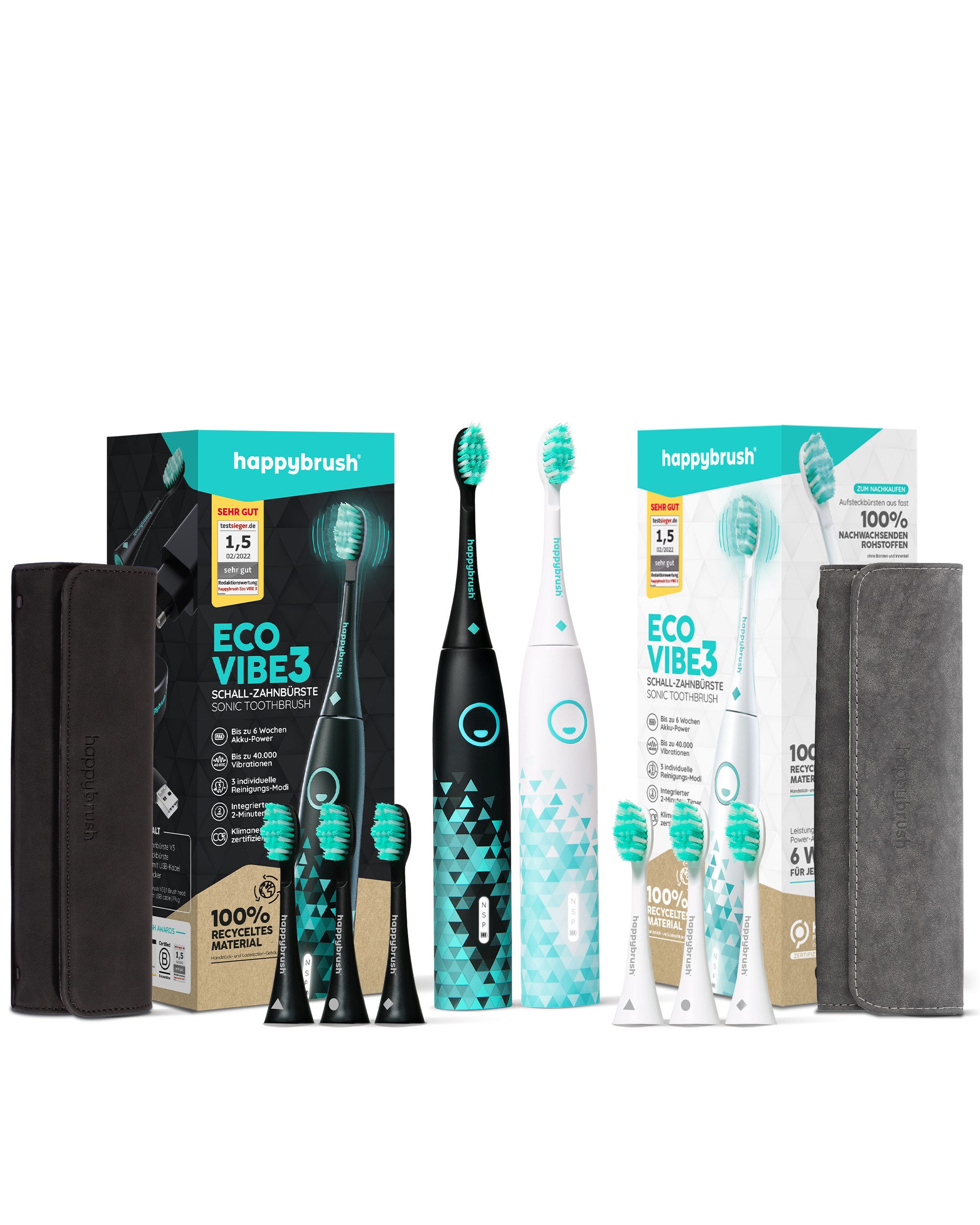 happybrush Schallzahnbürste Eco VIBE 3 Partnerset, Aufsteckbürsten: 4 St., Eco Vibe 3, 3 individuelle Putz-Modi, Schalltechnologie