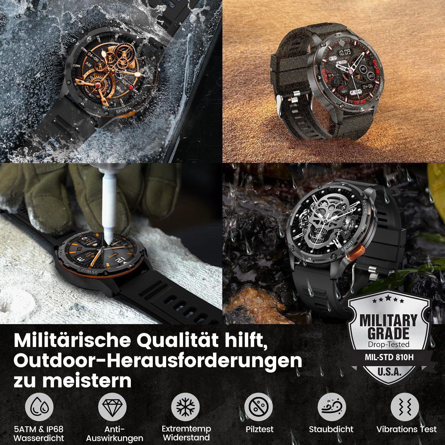 SWGOTA 2026 Smartwatch für Herren in Militärqualität Fitnessuhr Smartwatch (3.63 cm/1,43 Zoll, AMOLED Always On Display), mit 100+ Sportmodi,24/7 Herzfrequenz/SpO2/Schlafüberwachung